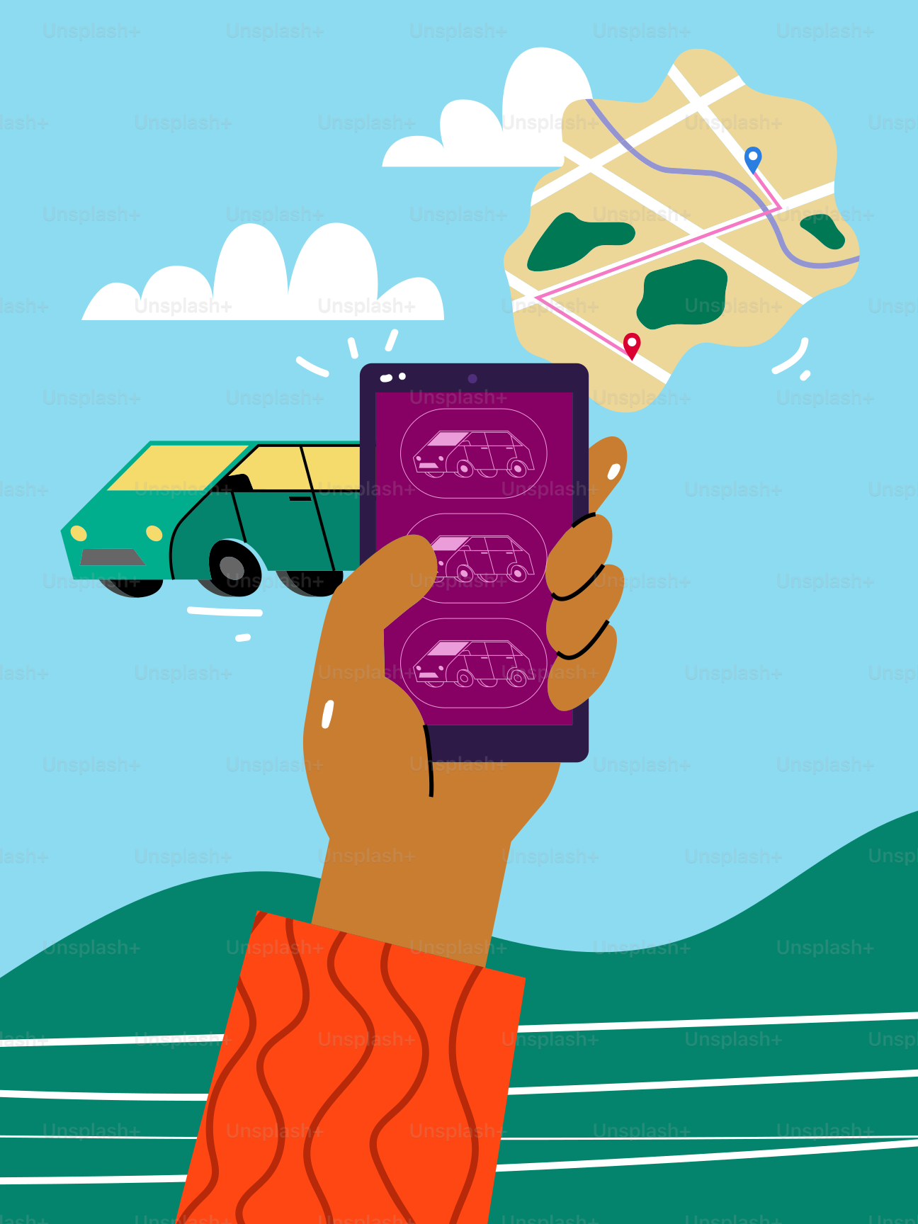 Eine Hand hält ein Telefon mit einer Mitfahr-App