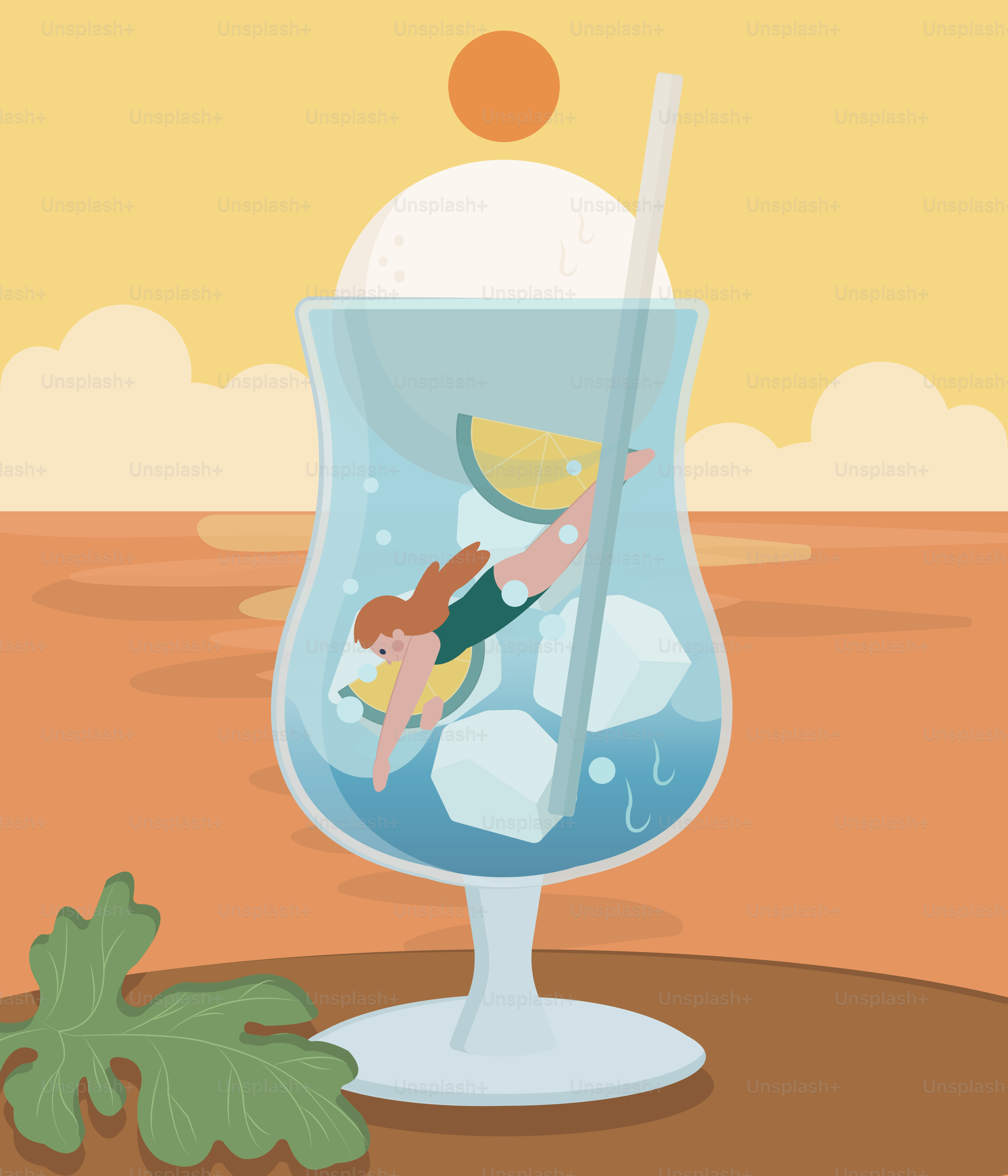 A girl swims in a cocktail glass.