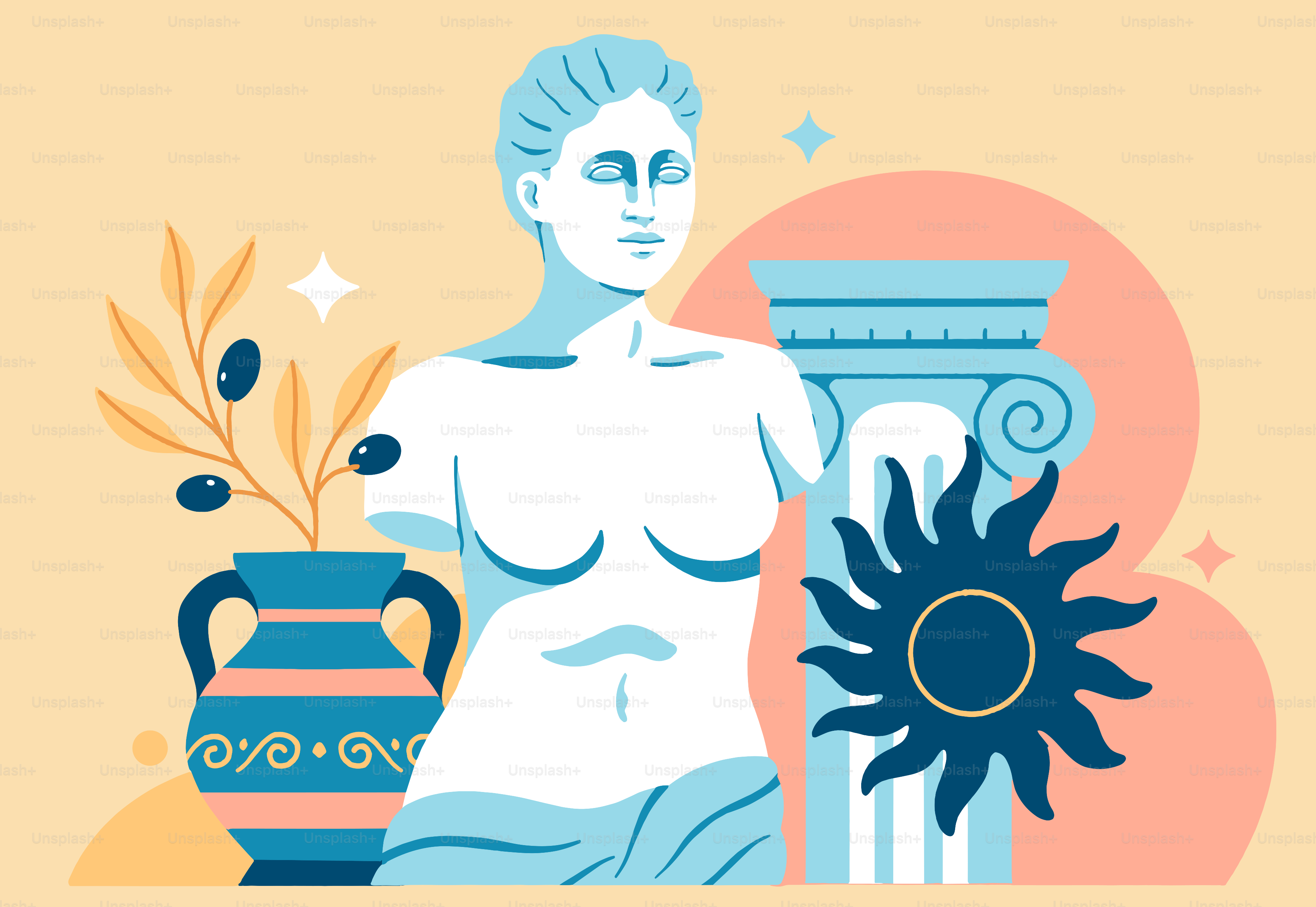 Classical greek art and symbolism are depicted.