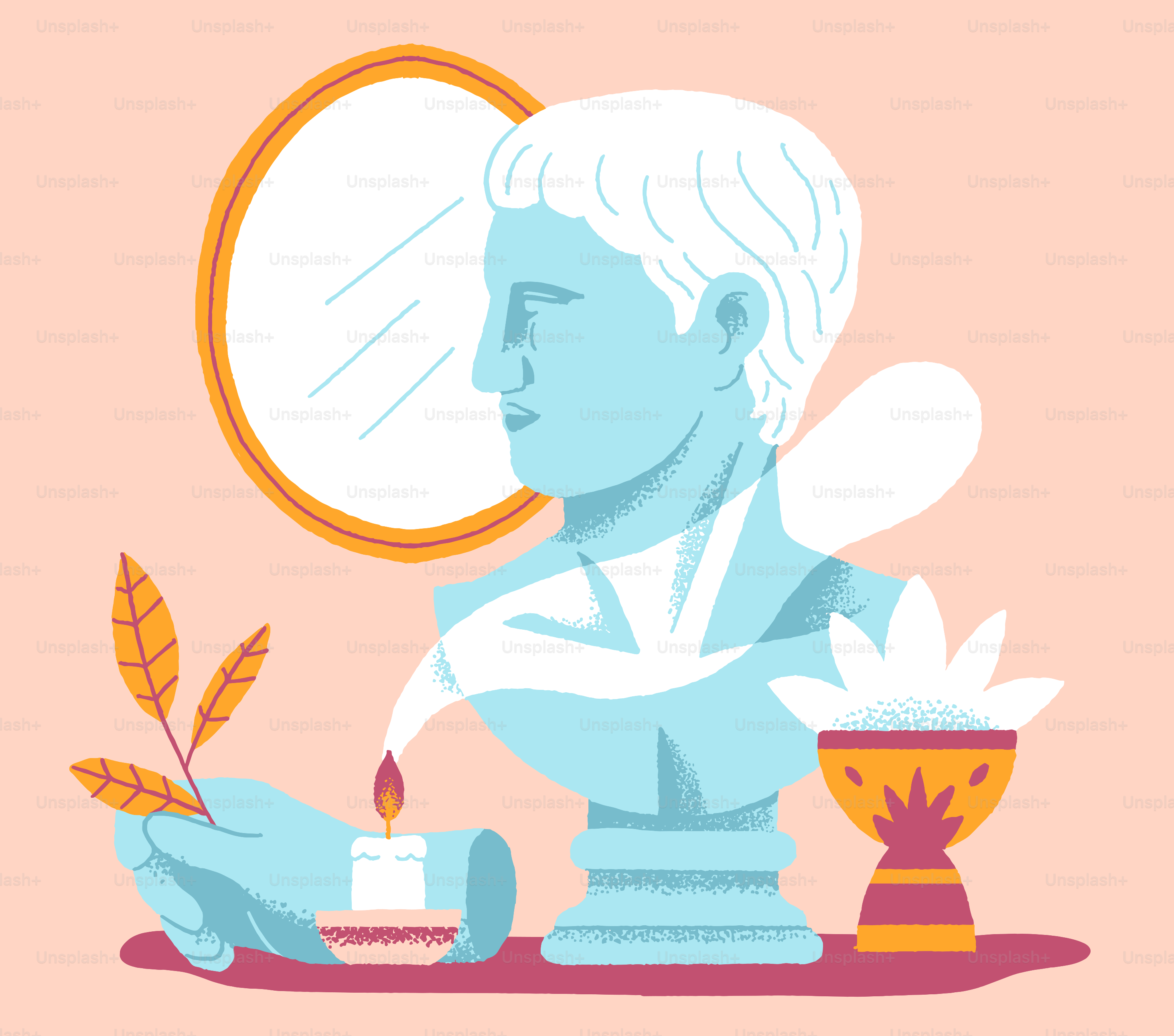 A bust, candle, and flower, reflecting in a mirror.