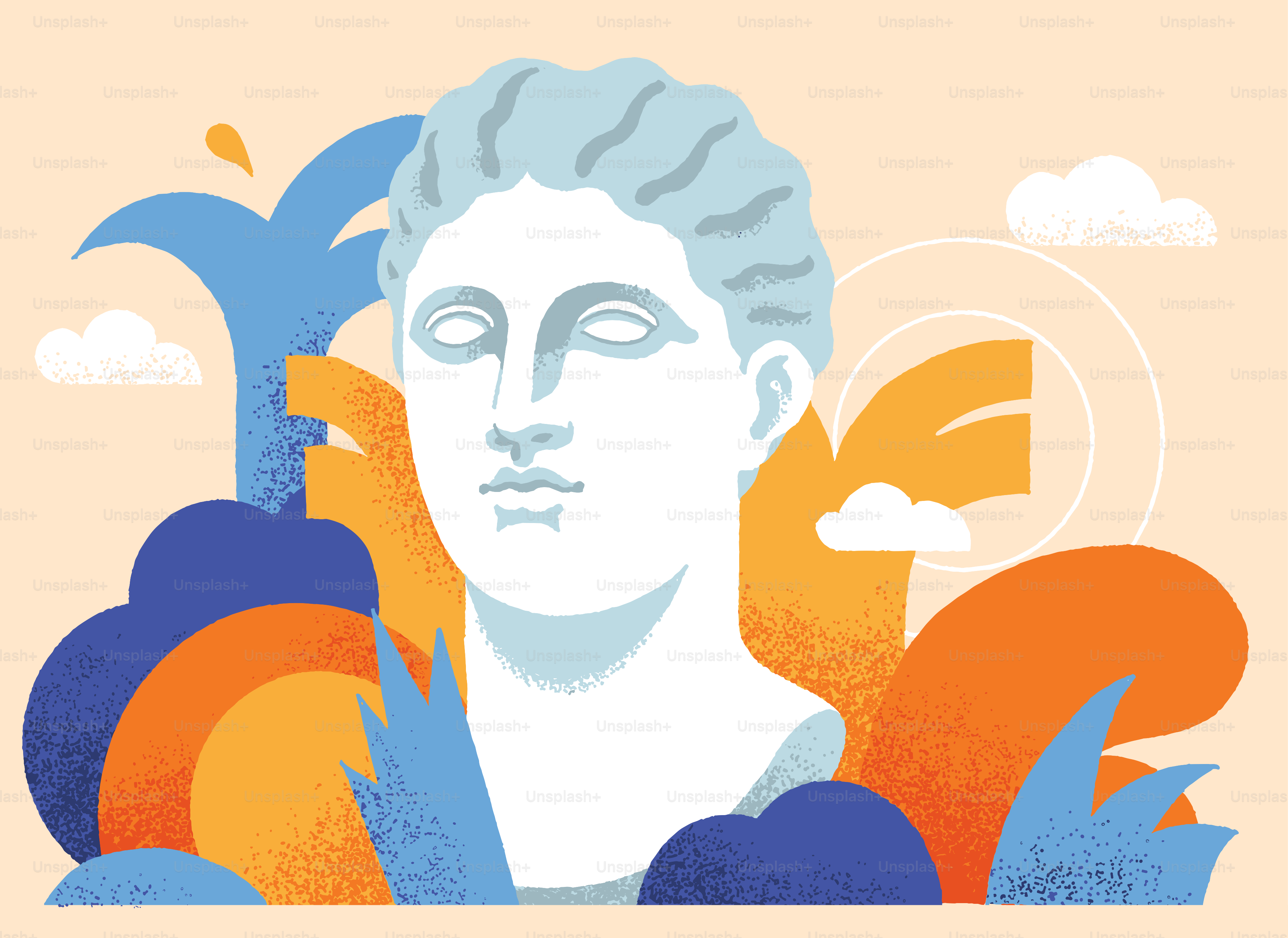 A white bust rests amidst colorful designs.