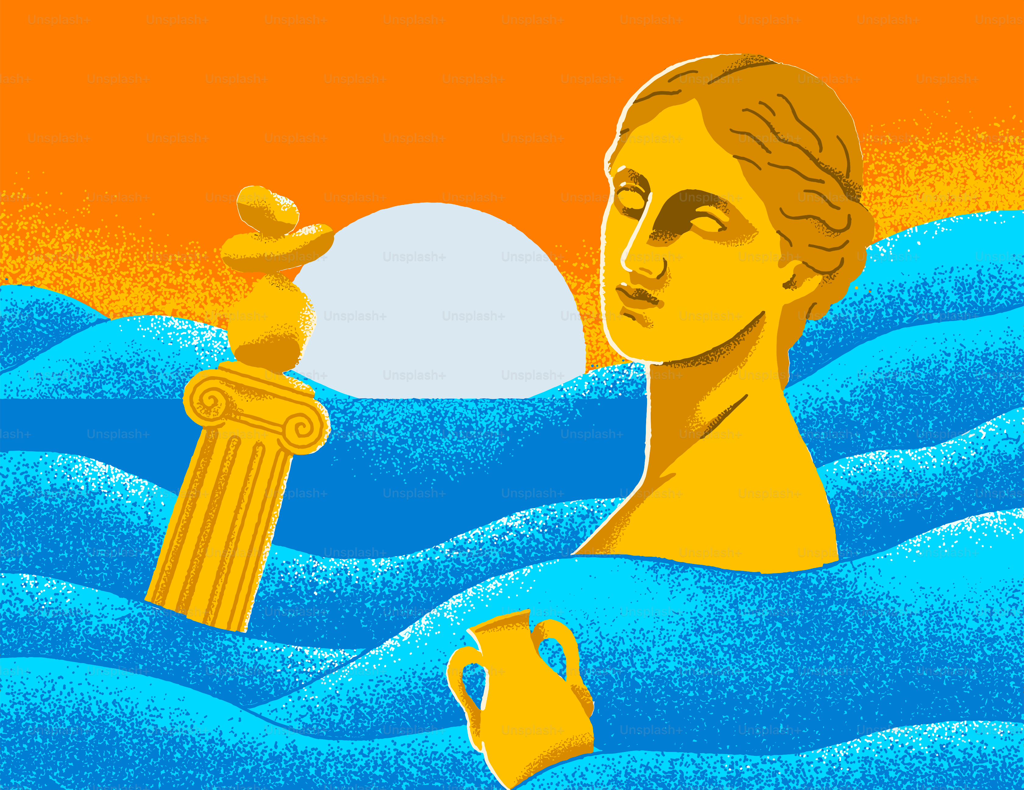 A statue rises from the sea at sunset.