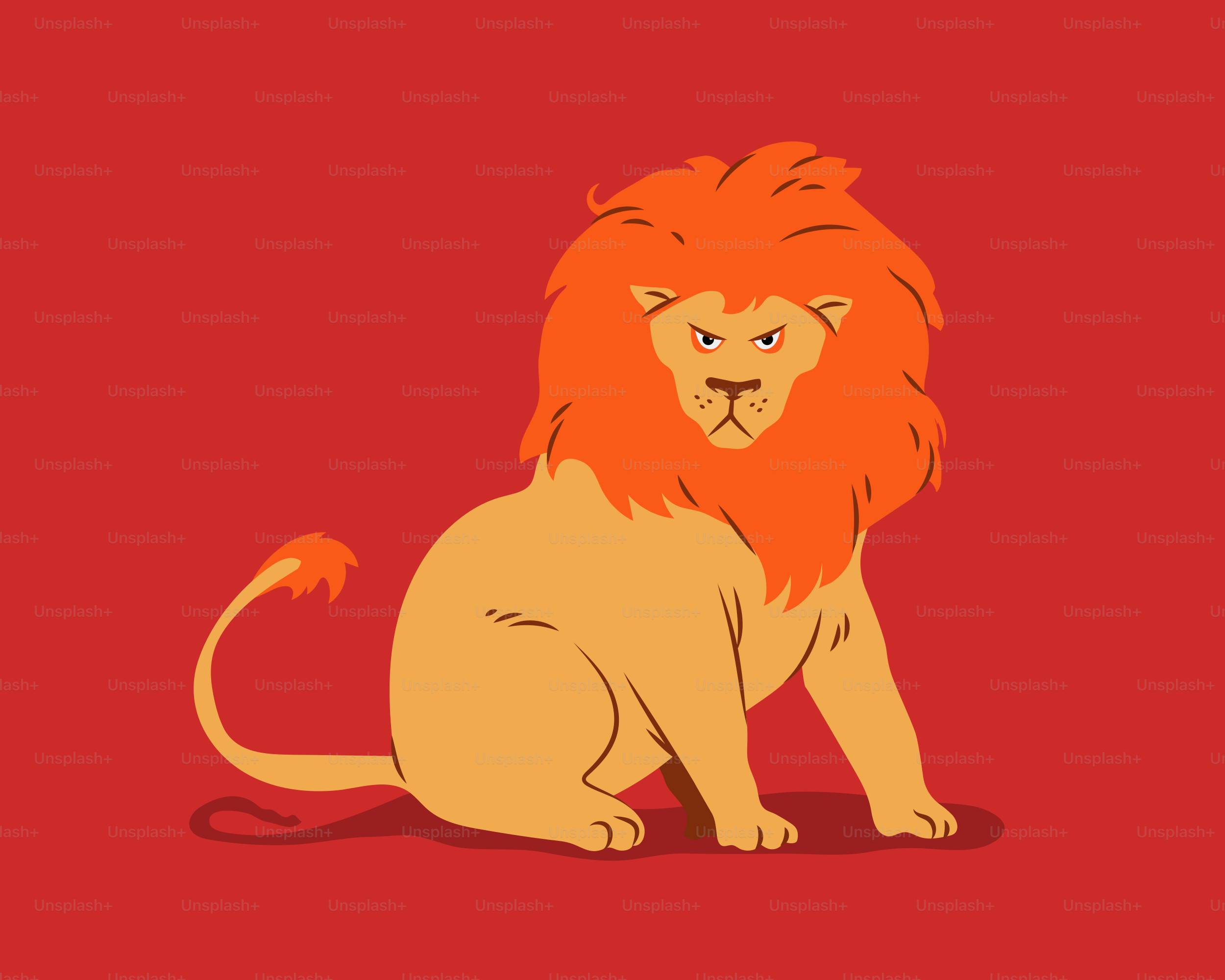 A fierce cartoon lion sits on red.