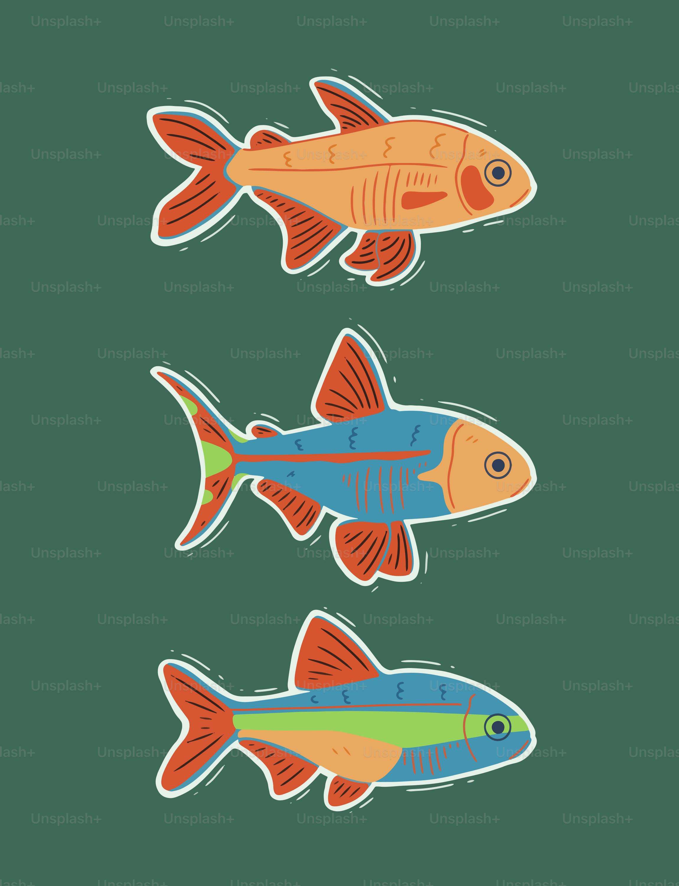 Tre illustrazioni colorate di pesci su sfondo verde.