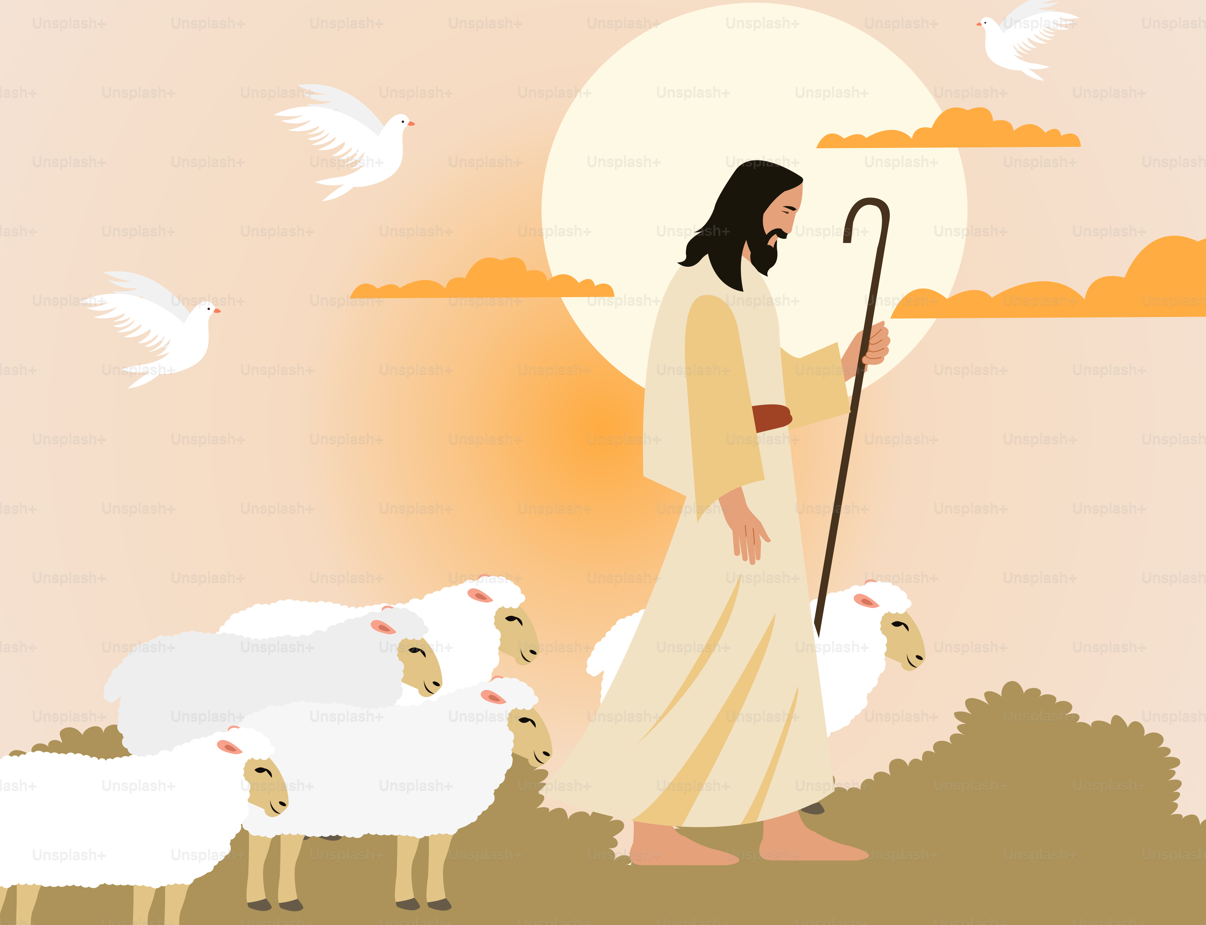 Jesus is the good shepherd leading his sheep.