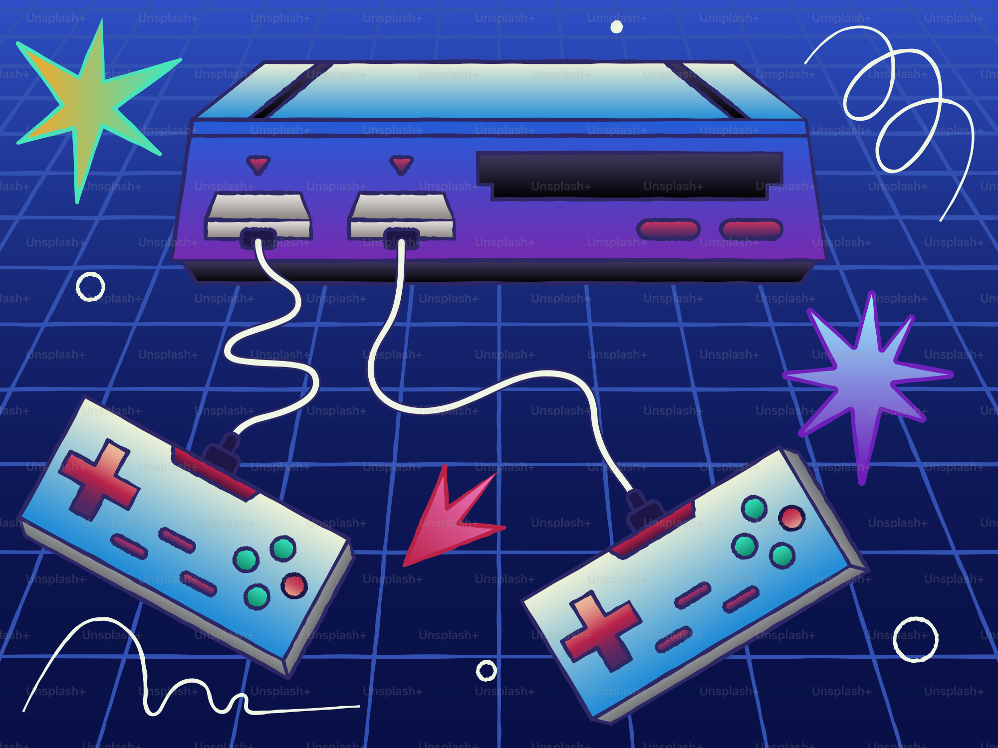 Old-school gaming console with controllers, ready to play.