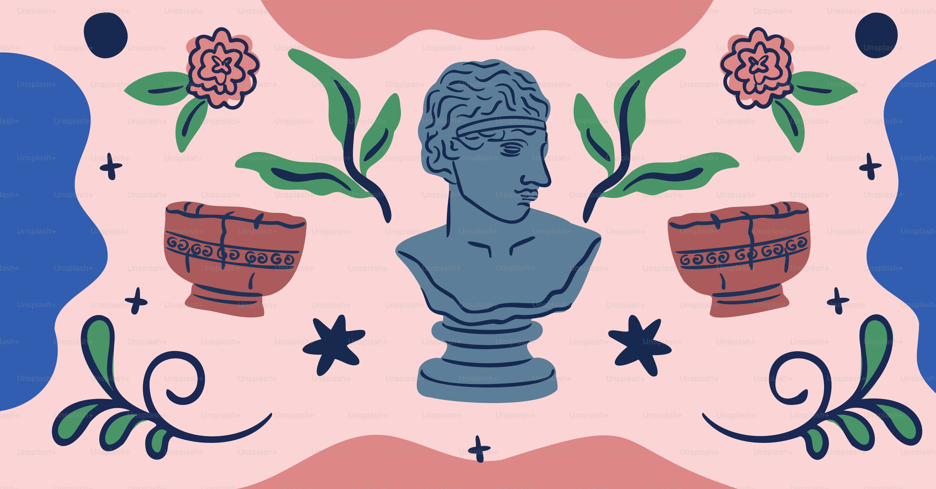 Une statue romaine stylisée avec des éléments floraux et abstraits.