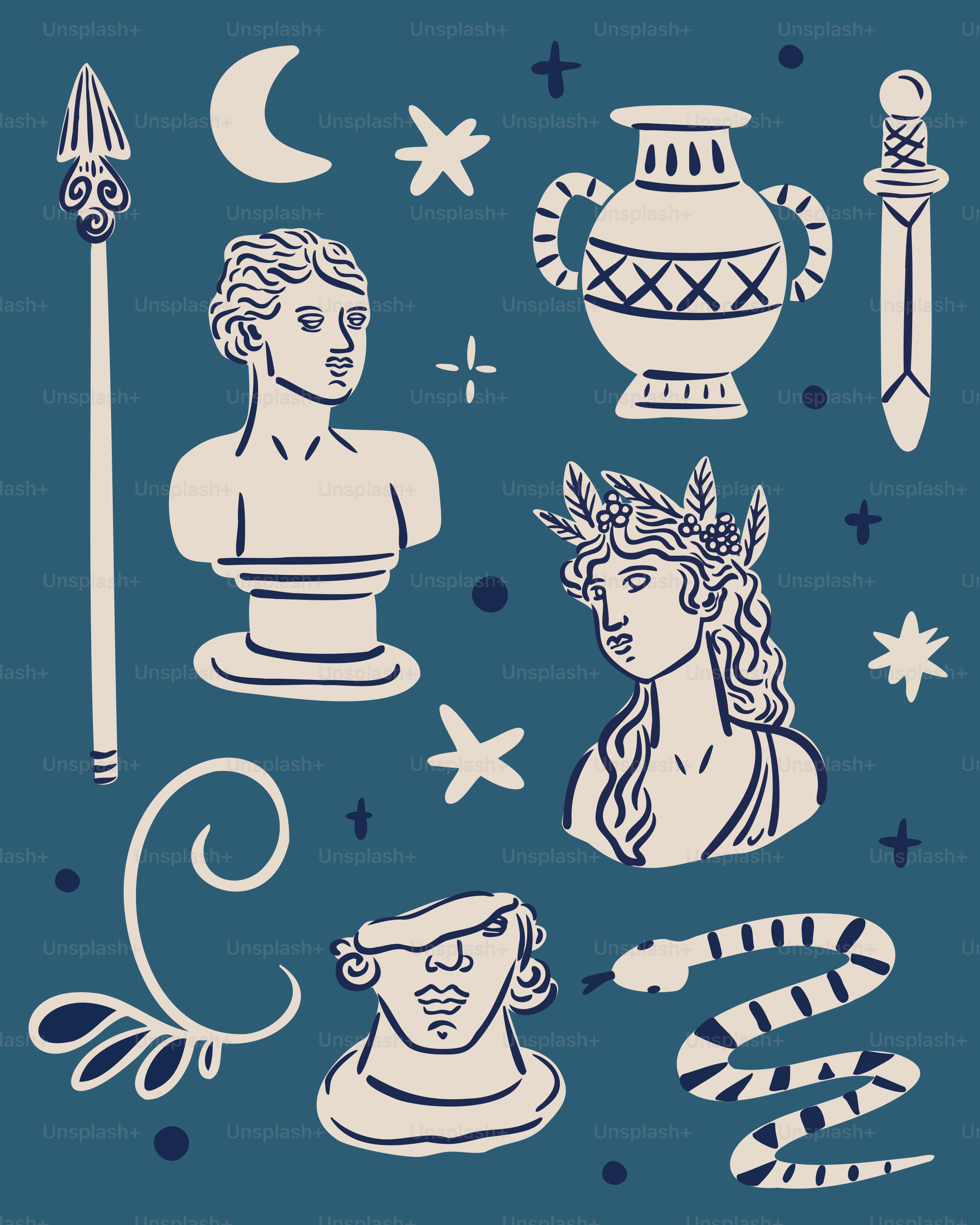 Illustrazioni a tema mitologia greca adornano lo sfondo blu.