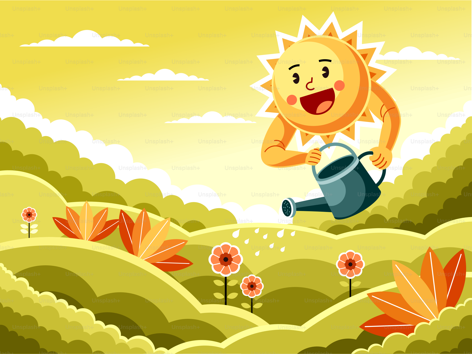 O sol sorridente rega as flores no jardim.