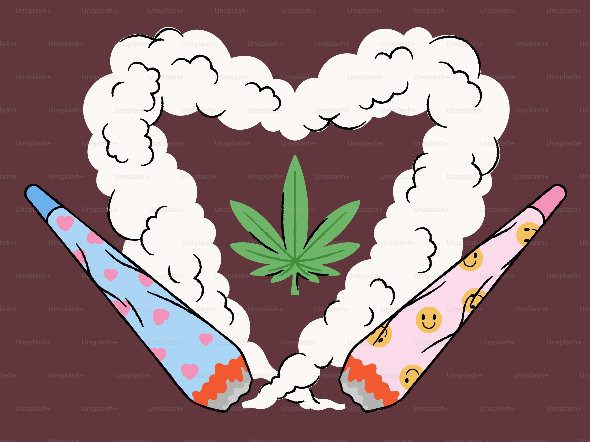 Des joints, une feuille de cannabis et de la fumée en forme de cœur.  vectoriel – Image de Illustration sur Unsplash, image size:3000x2250