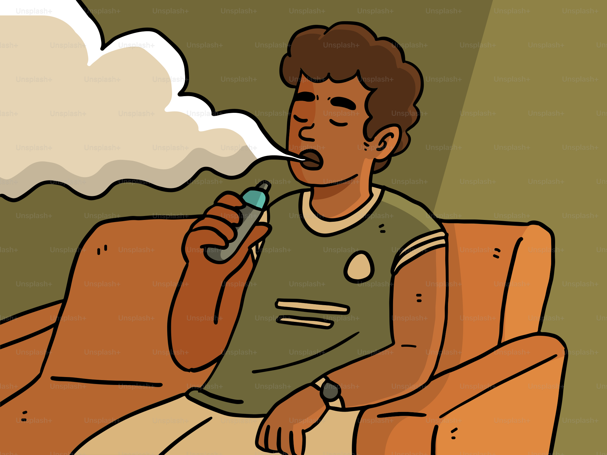 Um homem vaporiza, liberando uma grande nuvem.