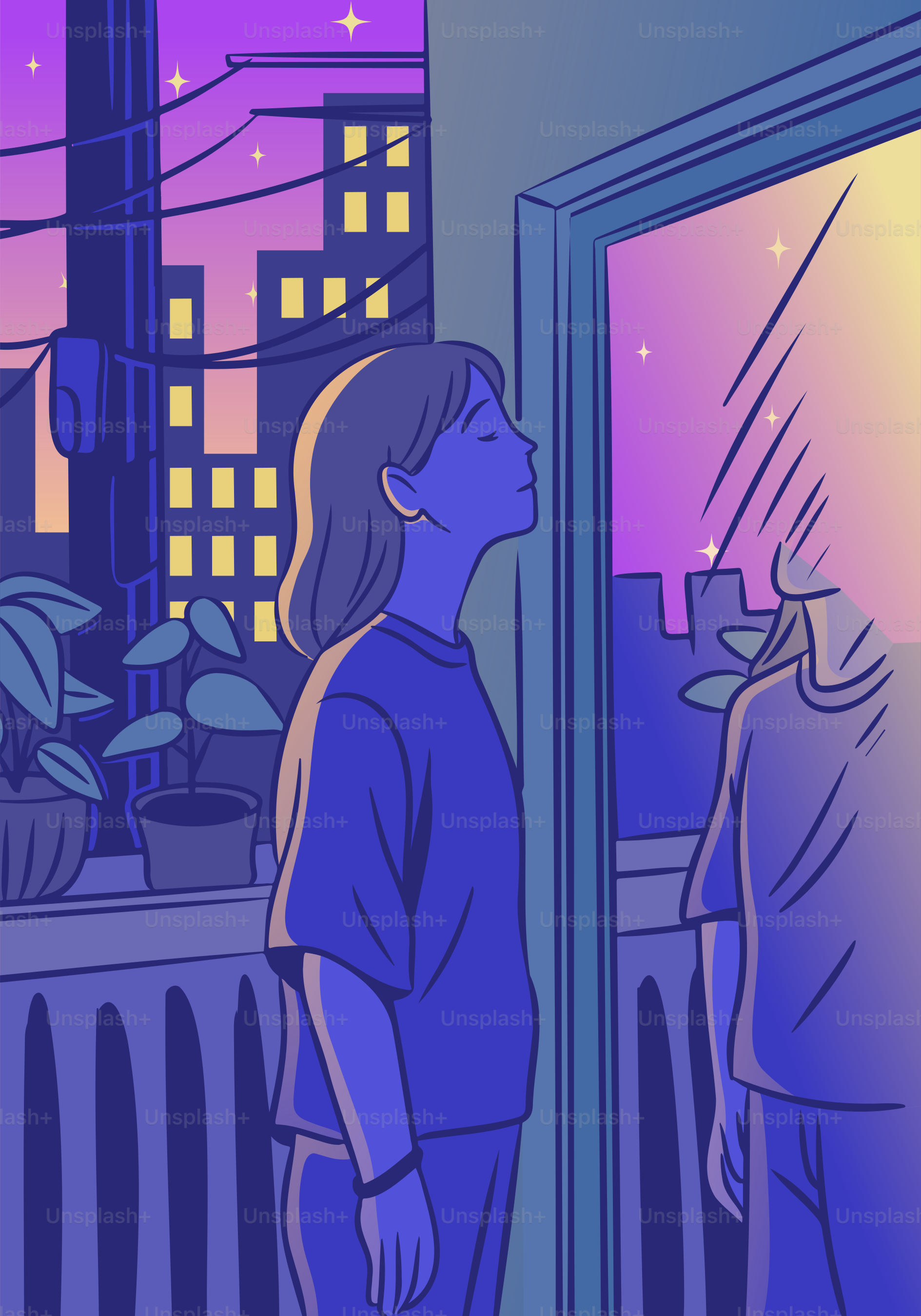 Una mujer y una persona sin rostro admiran la noche.