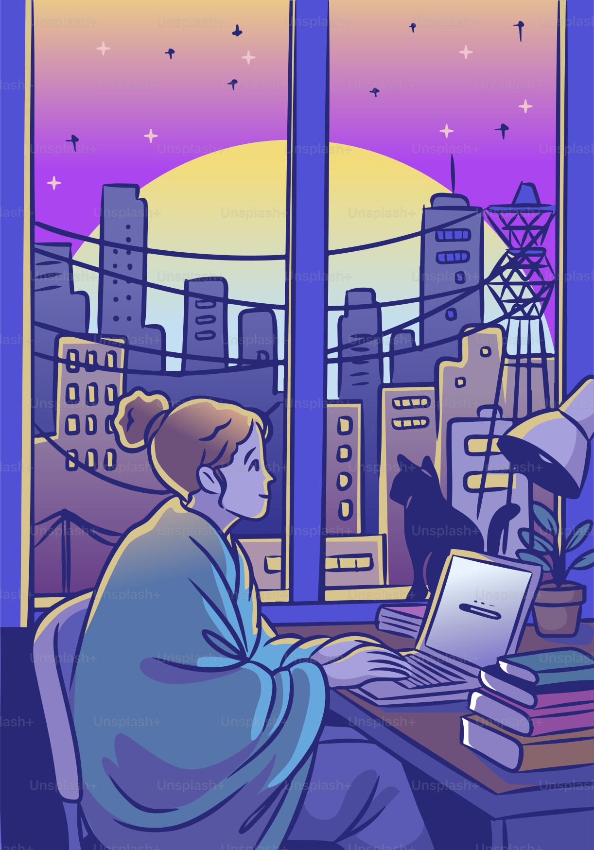 Una mujer trabaja junto a su ventana con vistas a la ciudad.