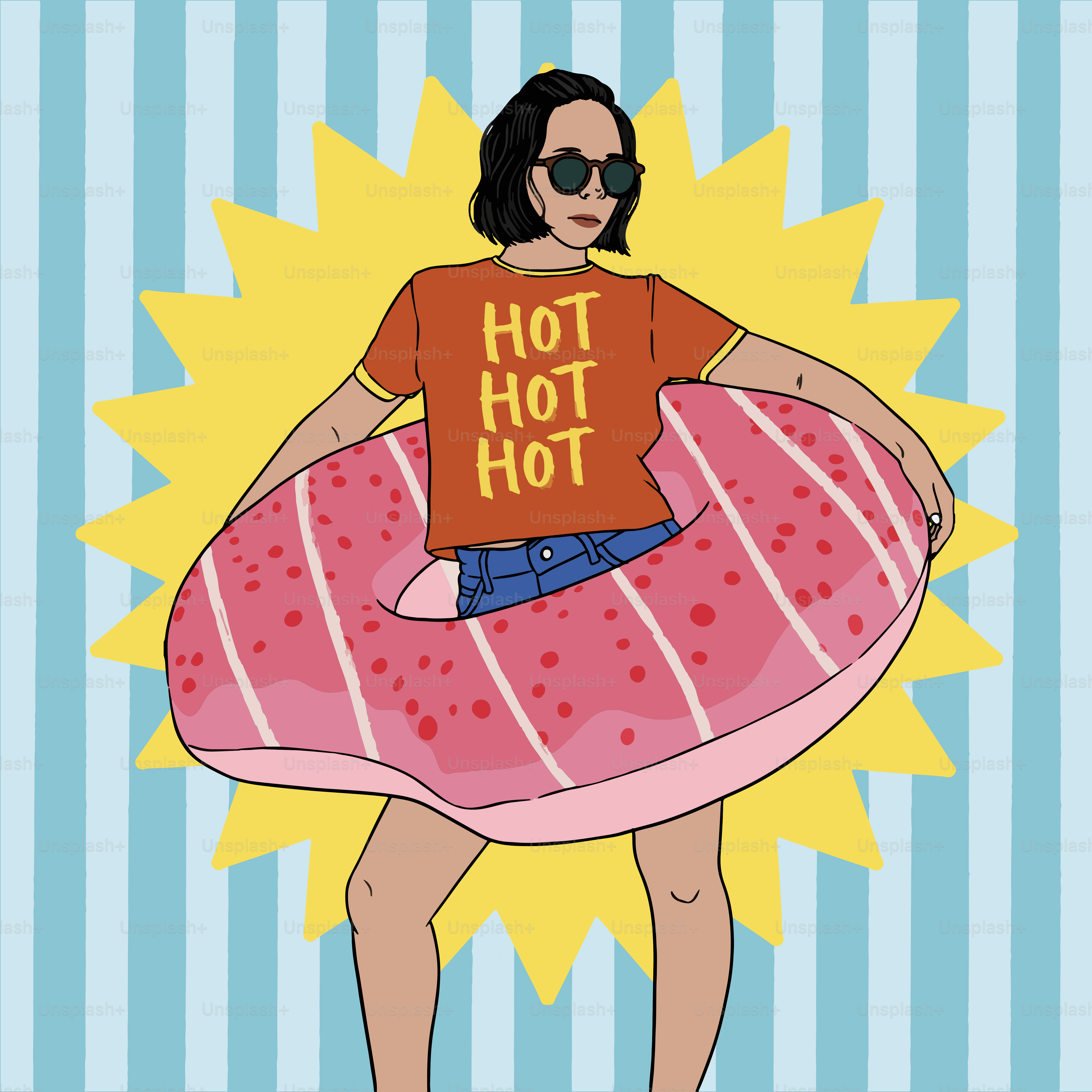 Una donna con un galleggiante da piscina a ciambella in estate.
