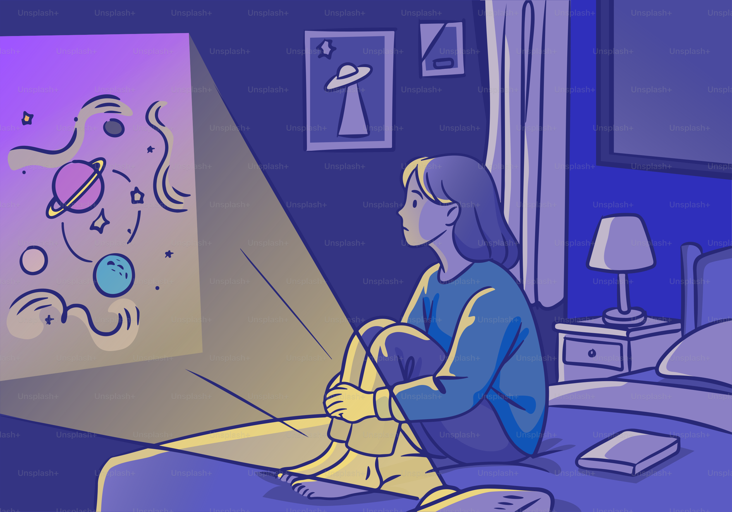 Una niña contempla el universo en su habitación.