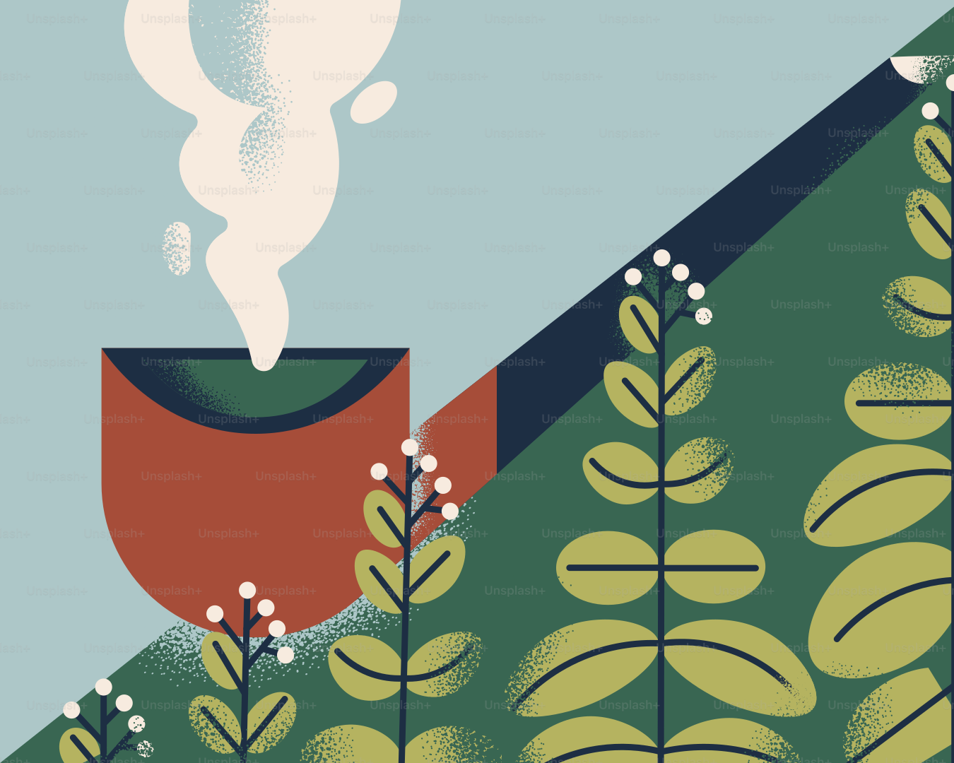 A pipe smoking with plants in a serene scene.