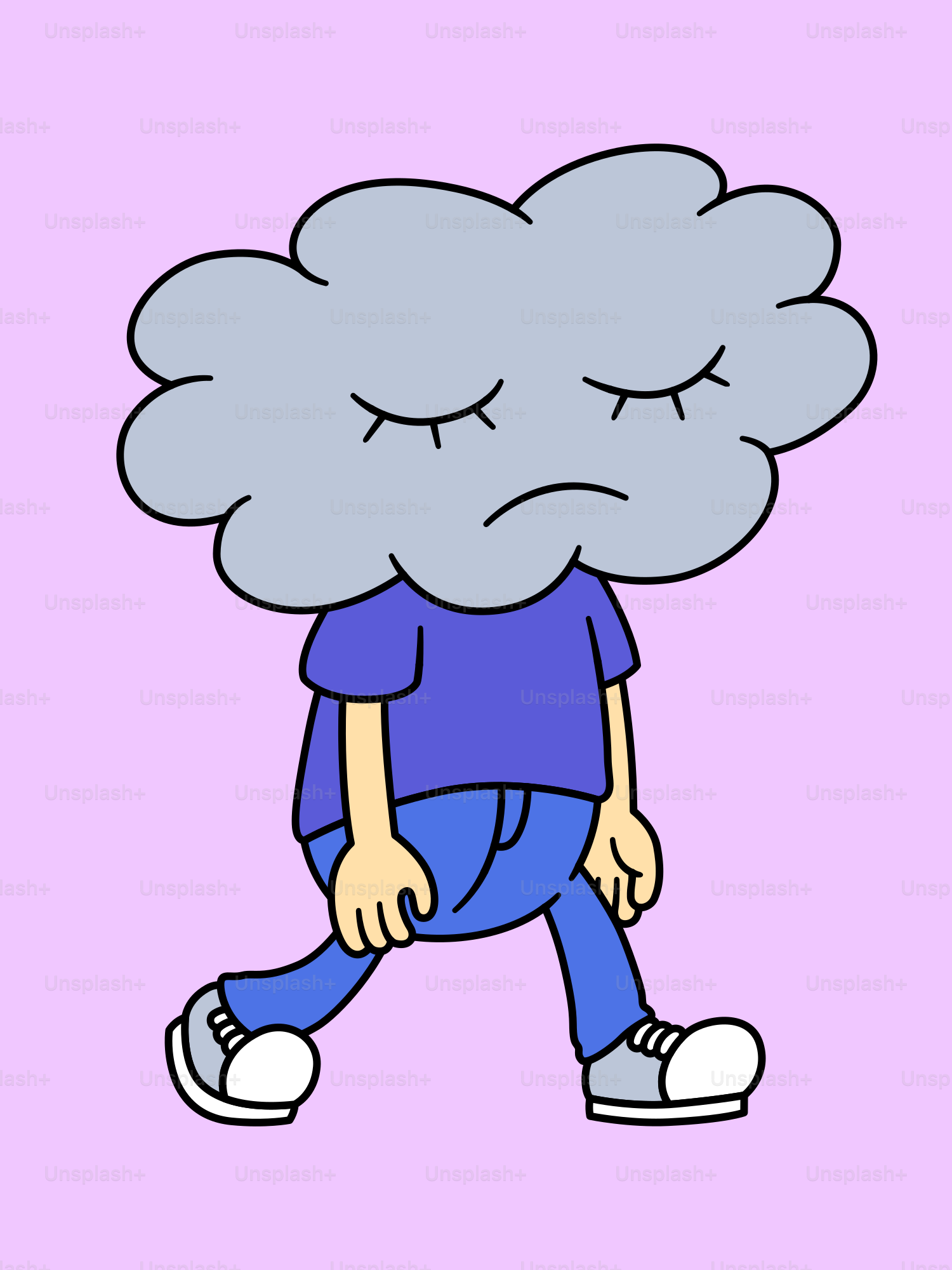 曇ったキャラクターは悲しげでゆっくり歩いています。