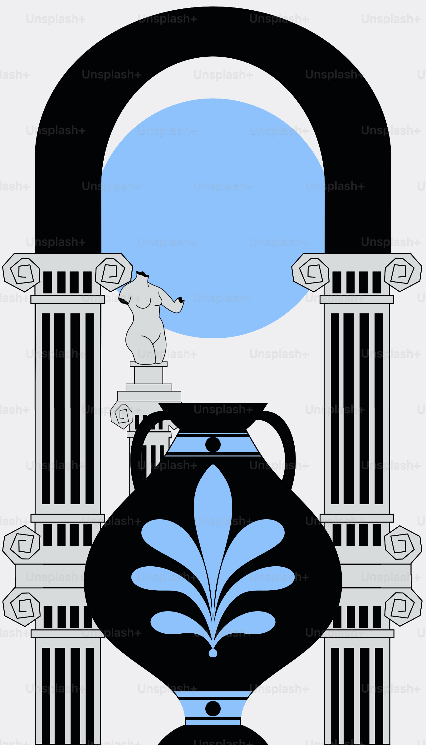 Greek elements are illustrated with an arched background.