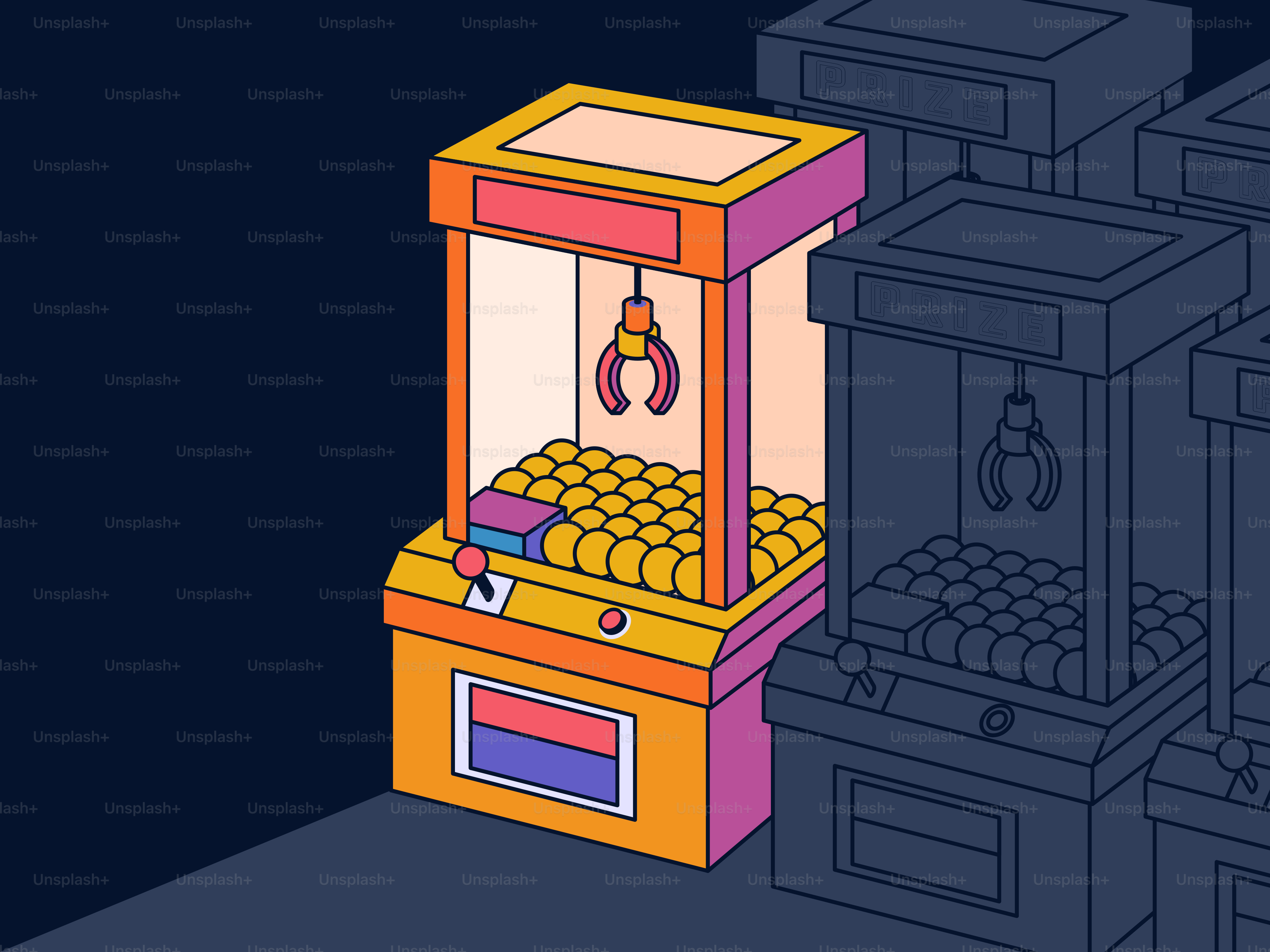 Claw machines are in a row, some in shadow.