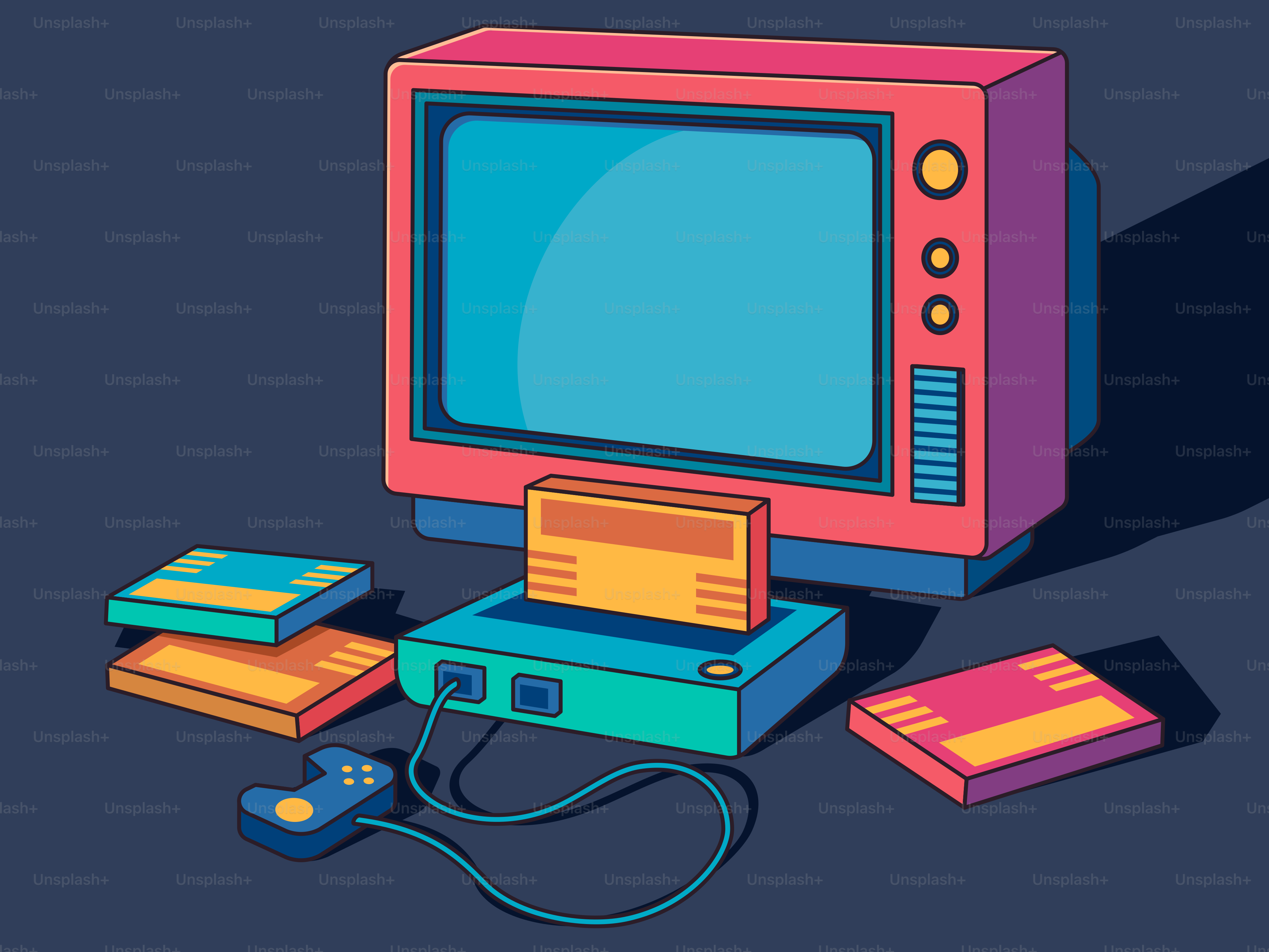Retro gaming setup featuring a tv, console, and cartridges.