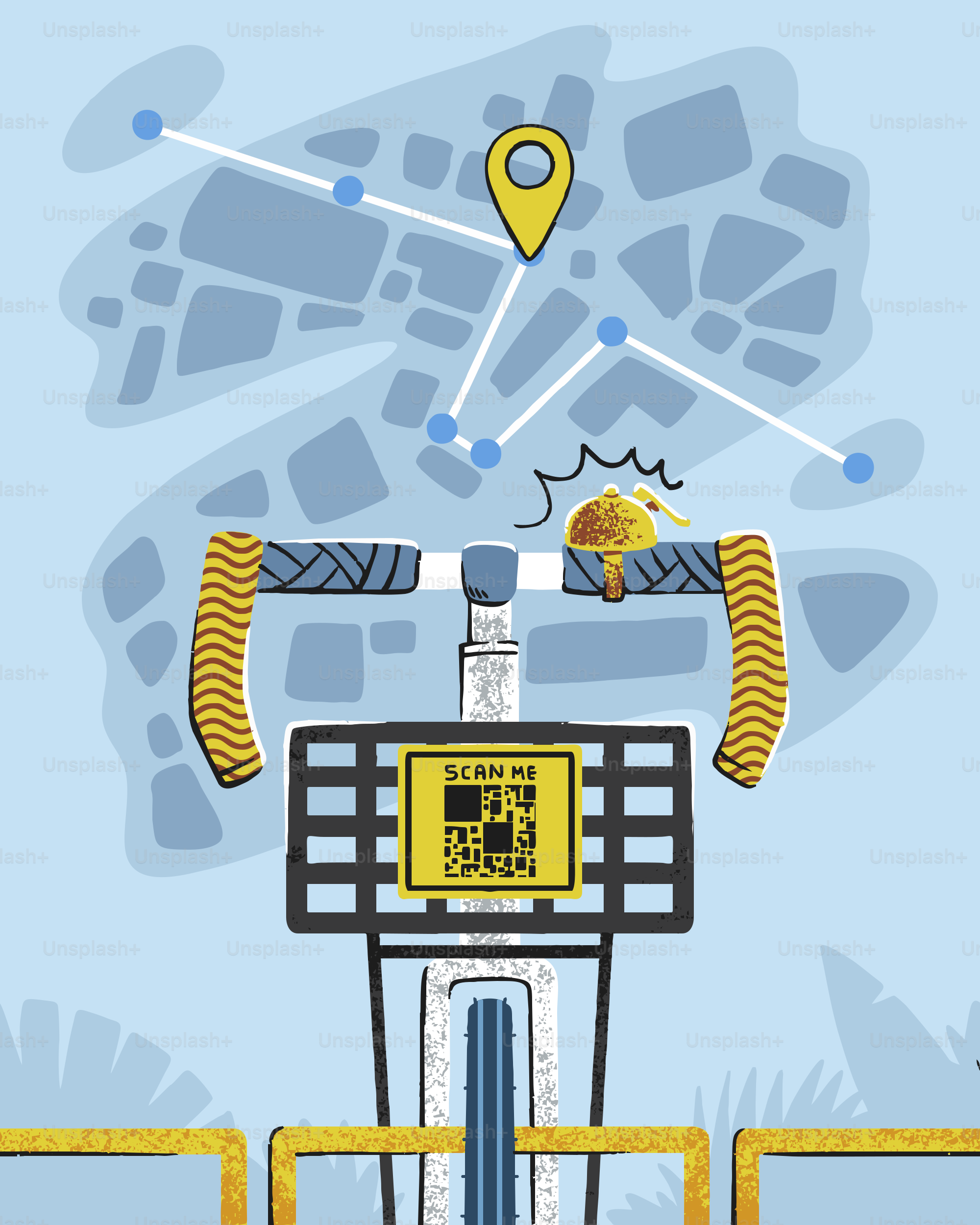 Bike with map and scan code for navigation.