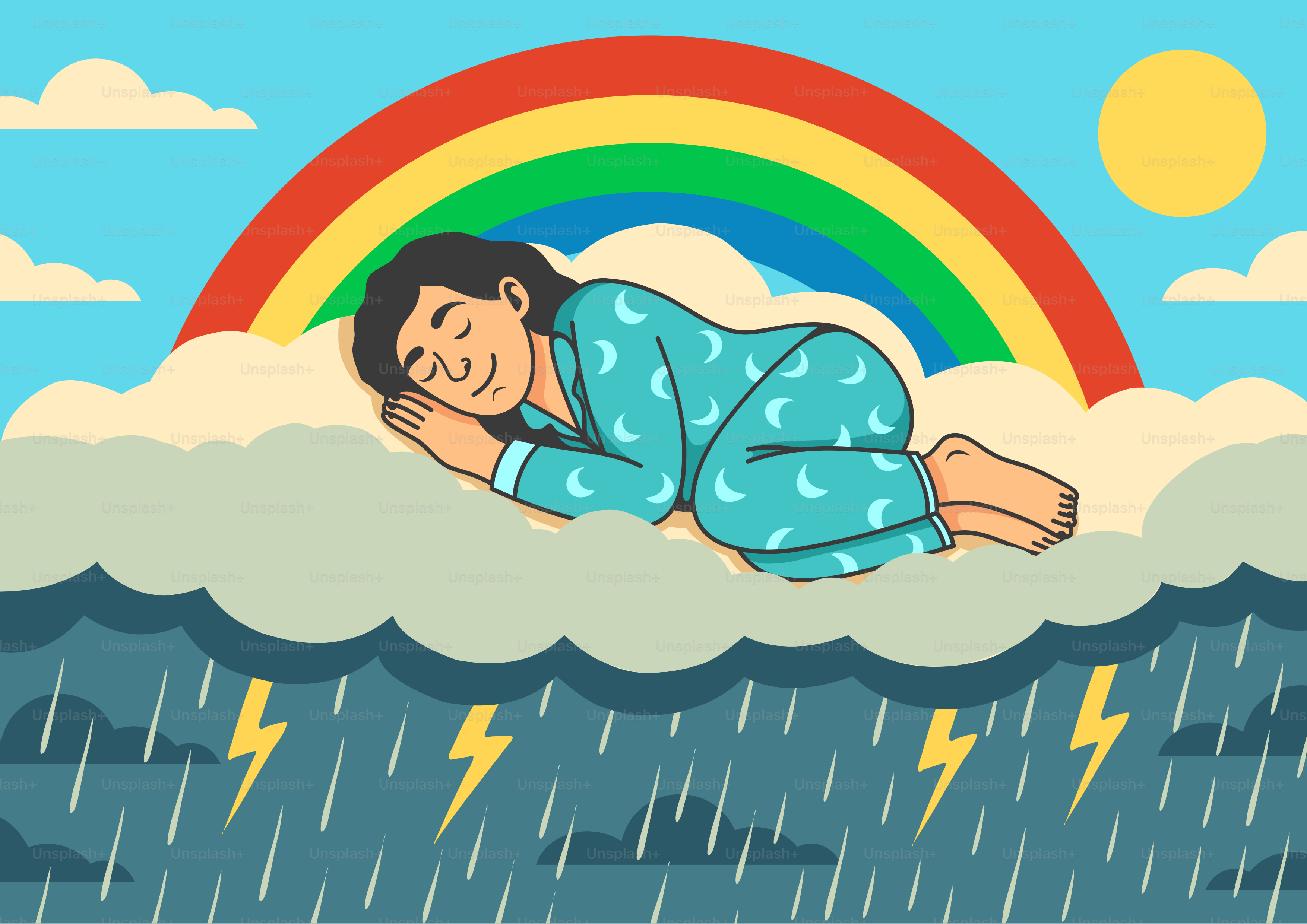 Von Regenbögen träumen, während er auf einer Wolke schläft.