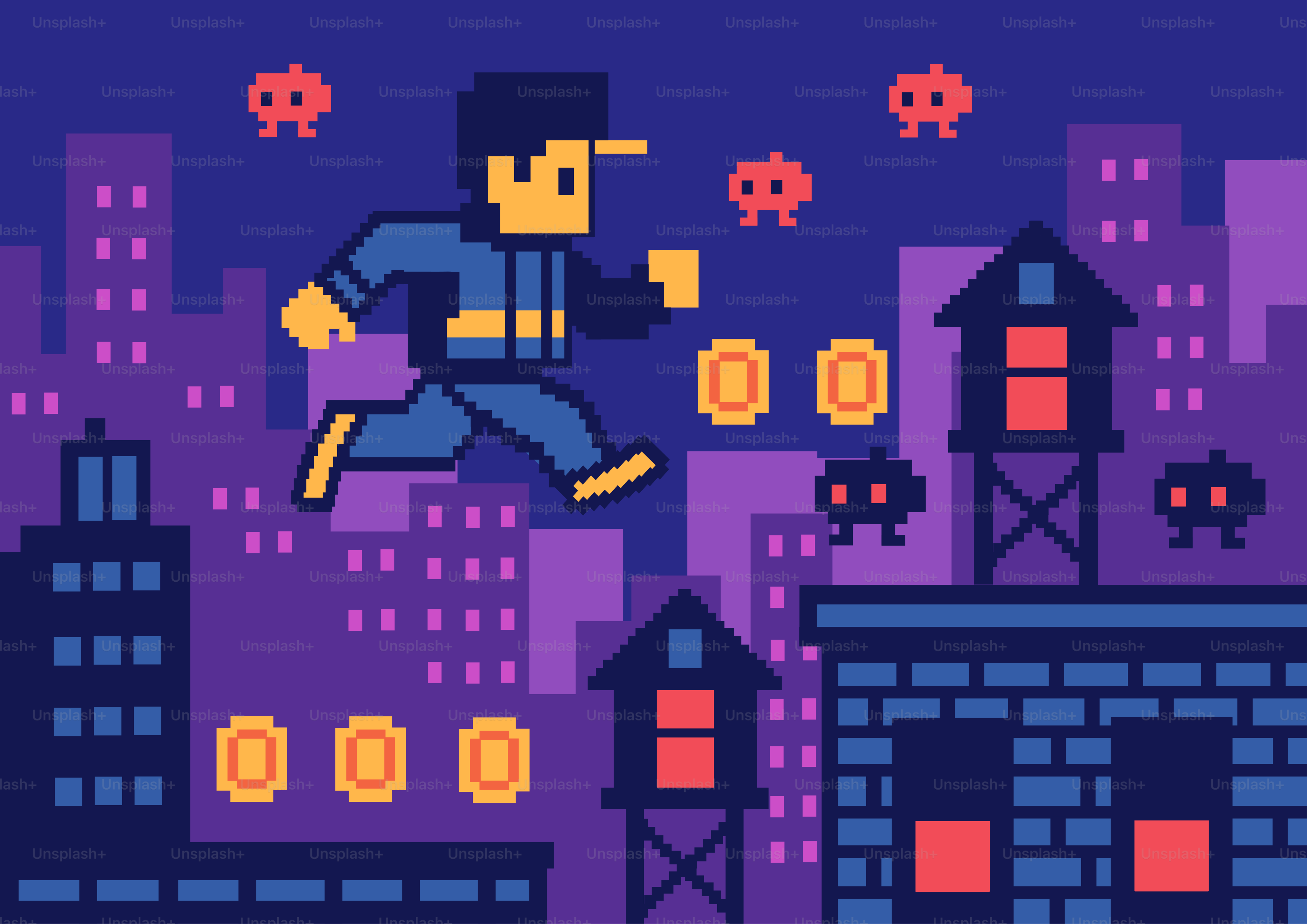 Eine pixelige Figur läuft durch eine nächtliche Stadtlandschaft.