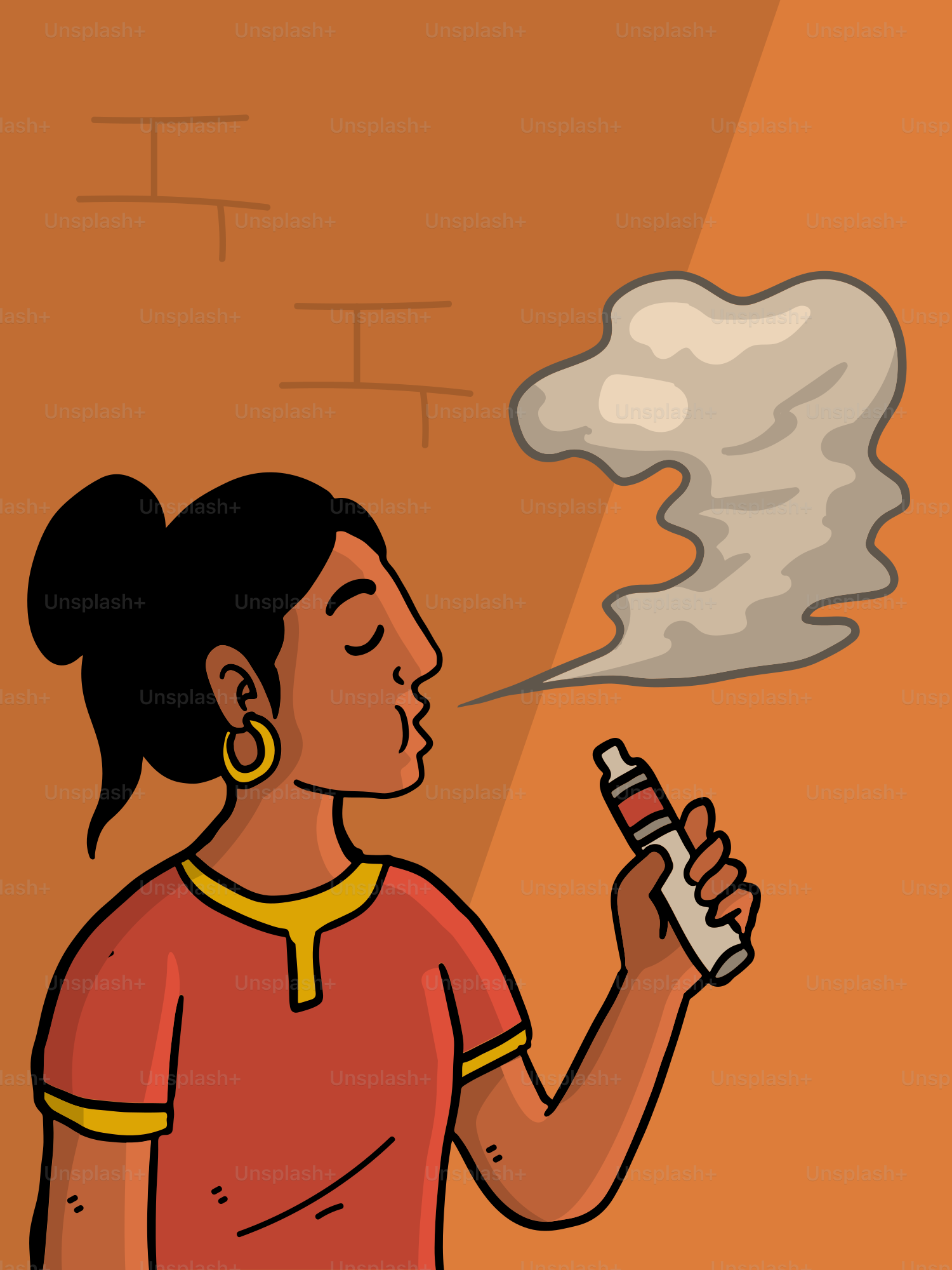 A woman is vaping, exhaling a large cloud.