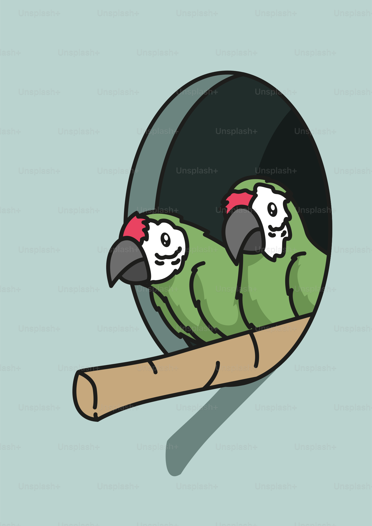 Two green parrots peer from their nest.