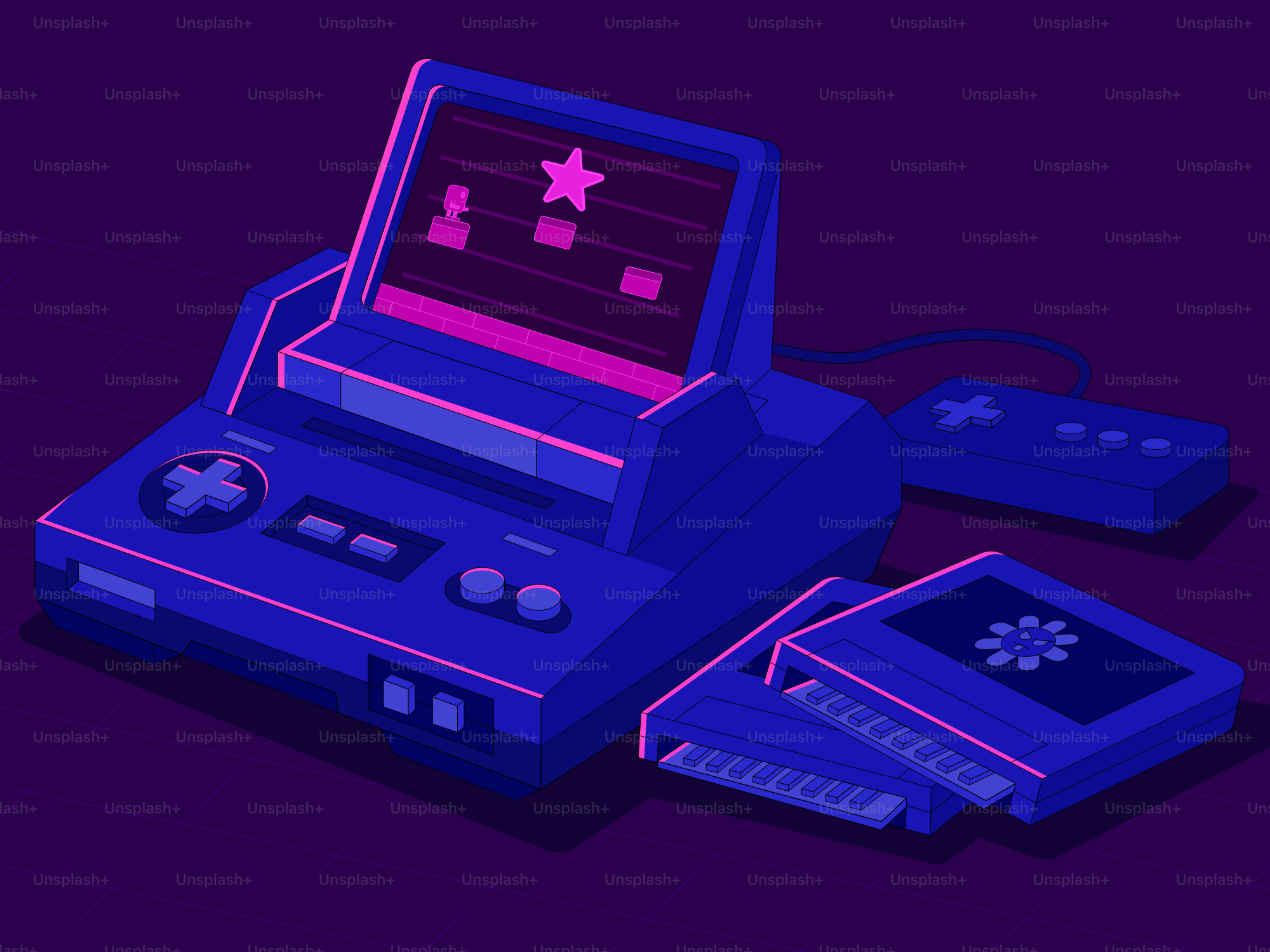 A retro gaming console in neon purple lights.
