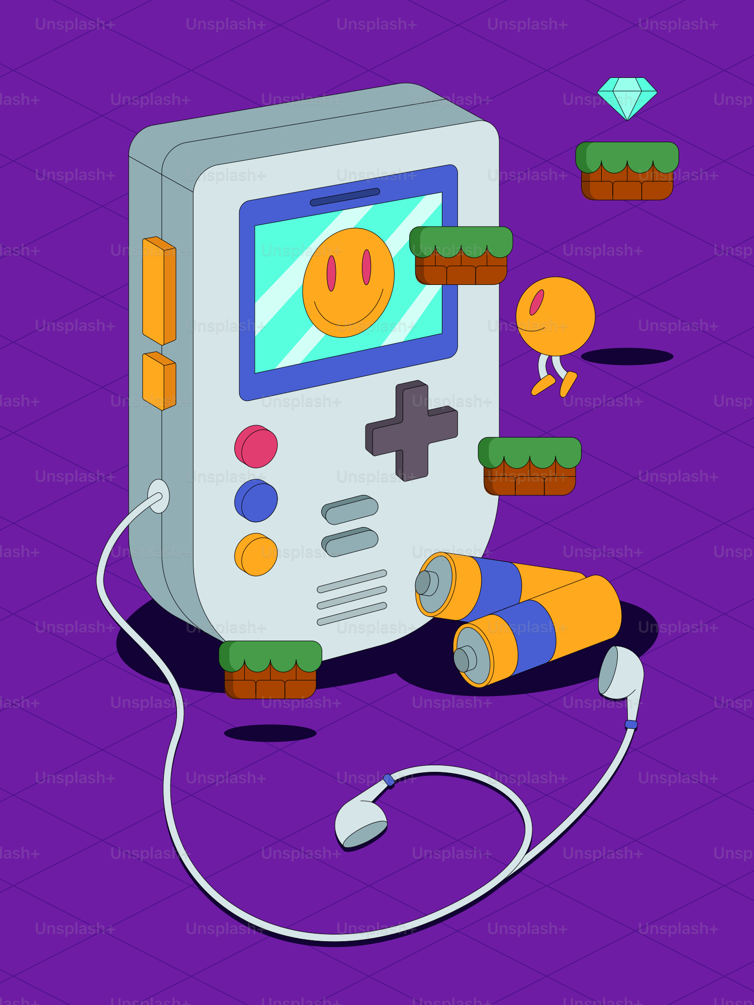Retro video game with cartoon elements and headphones.
