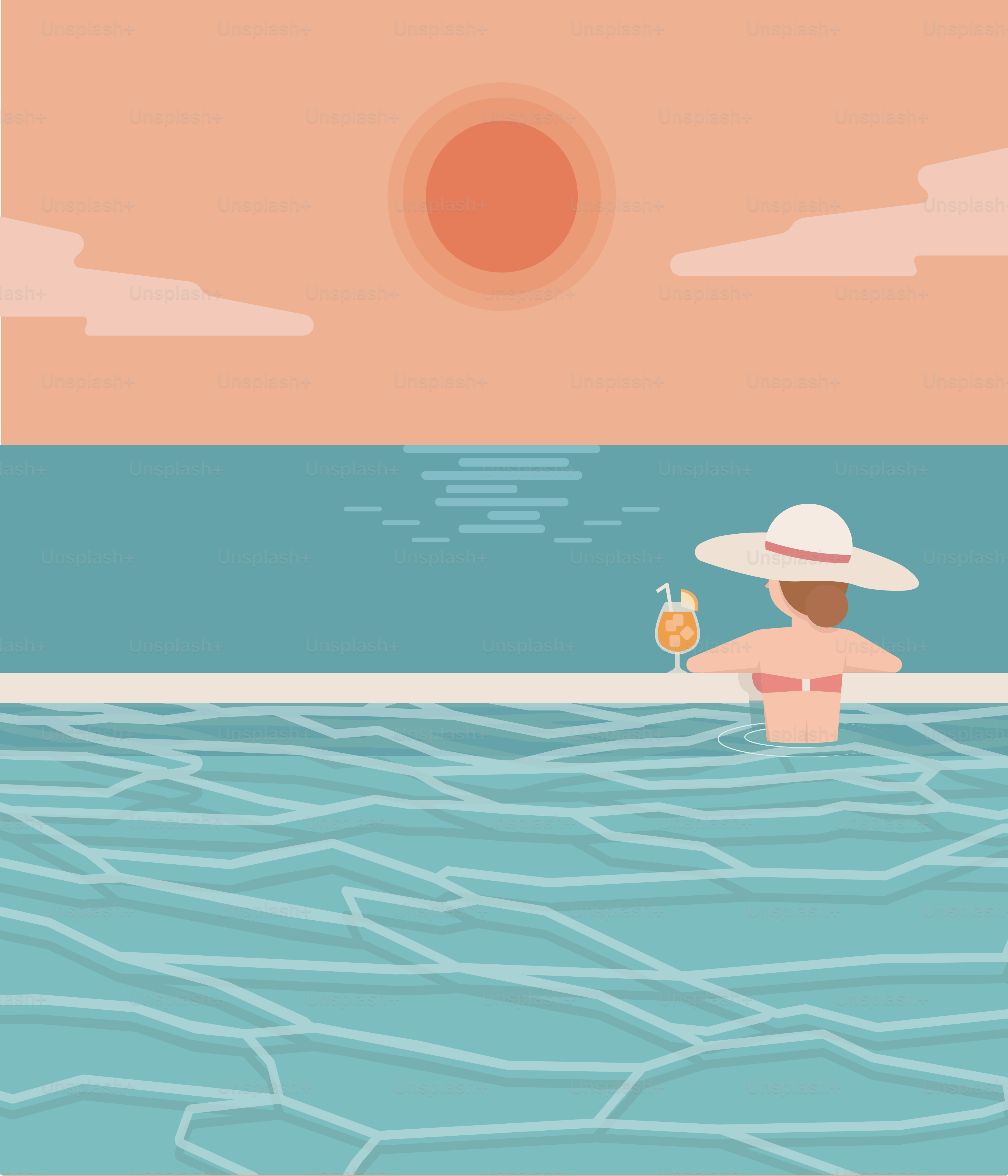 Donna in piscina che si gode il tramonto con un drink.