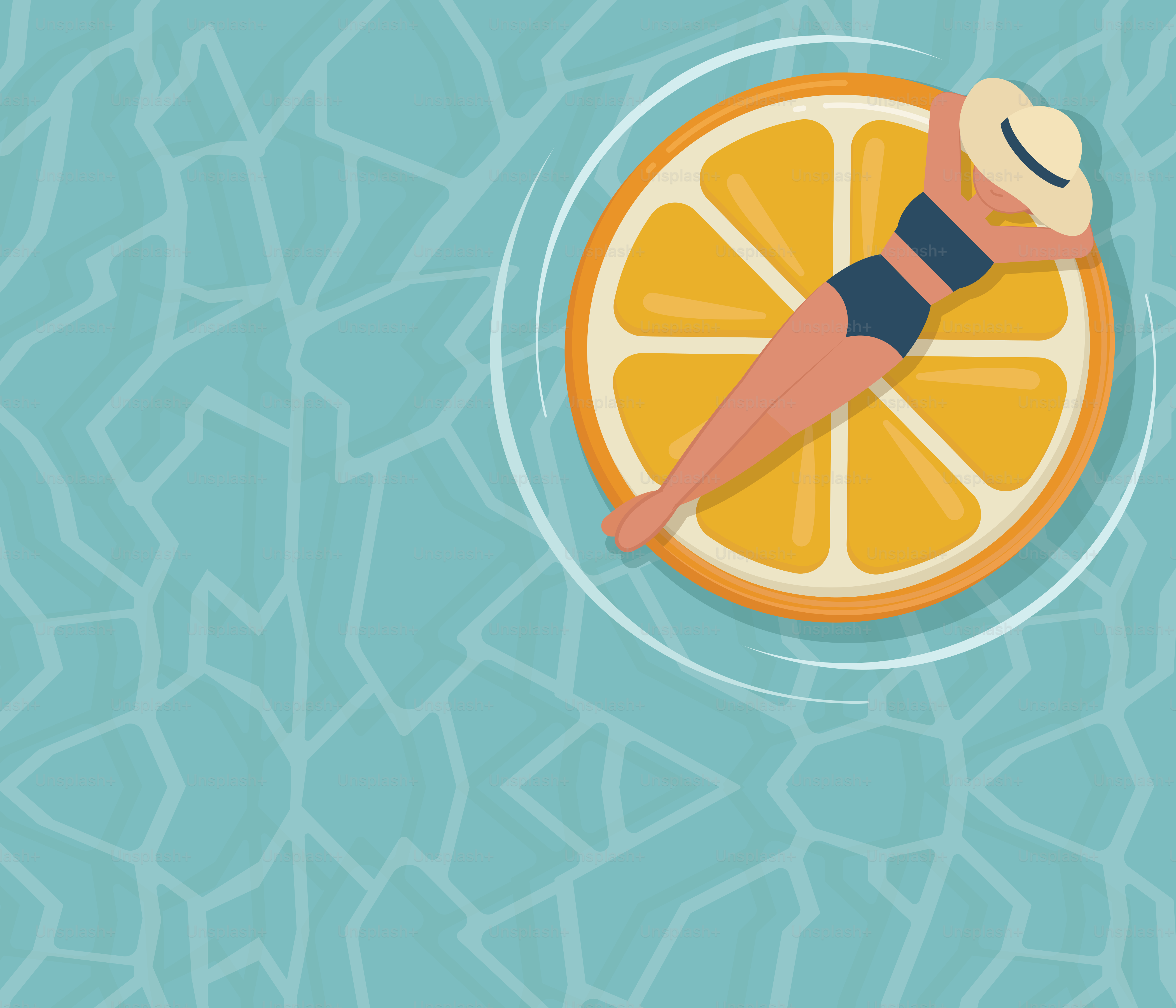 Woman relaxes on an orange slice pool float.