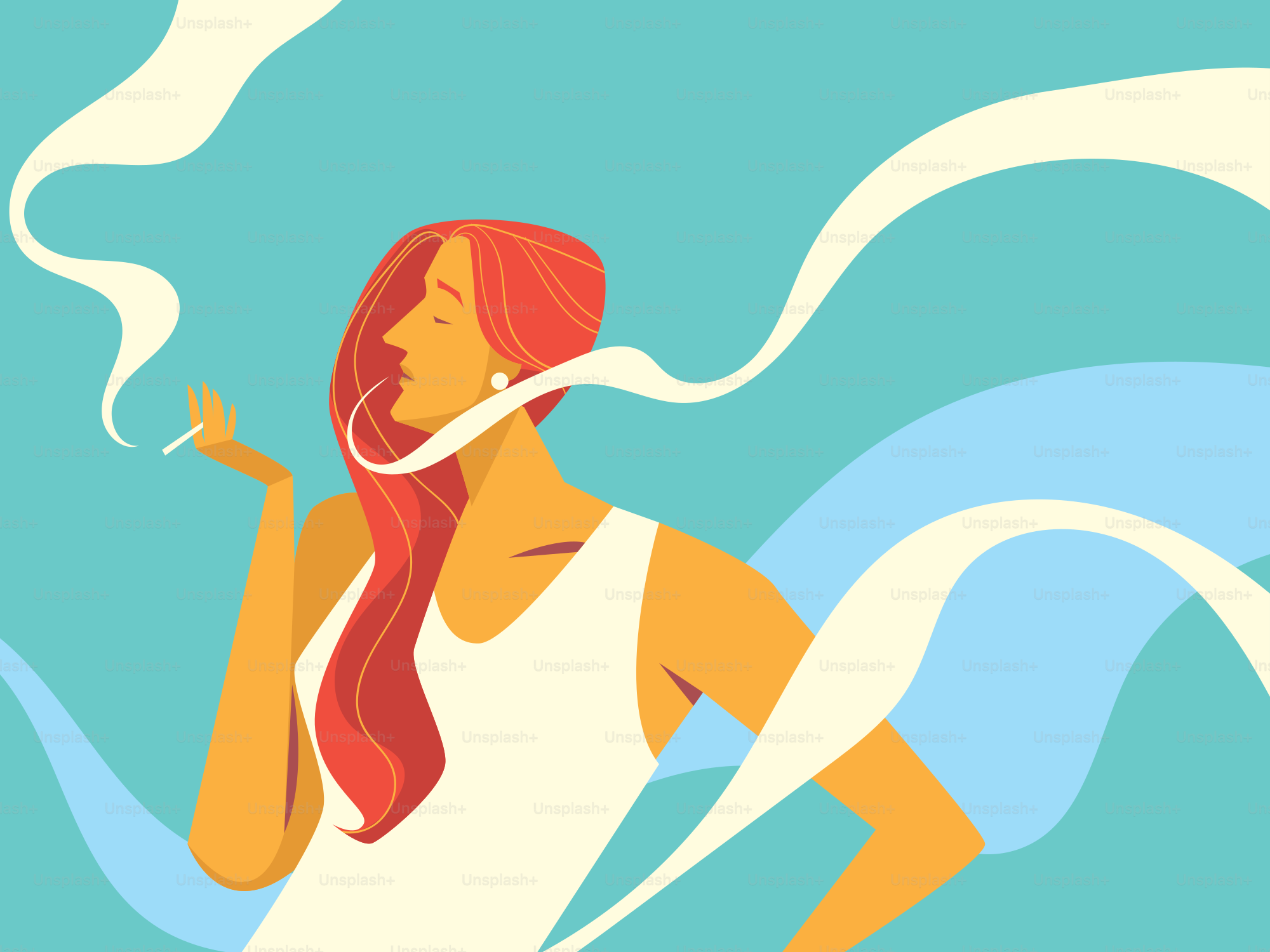 A woman smokes a cigarette, exhaling smoke.