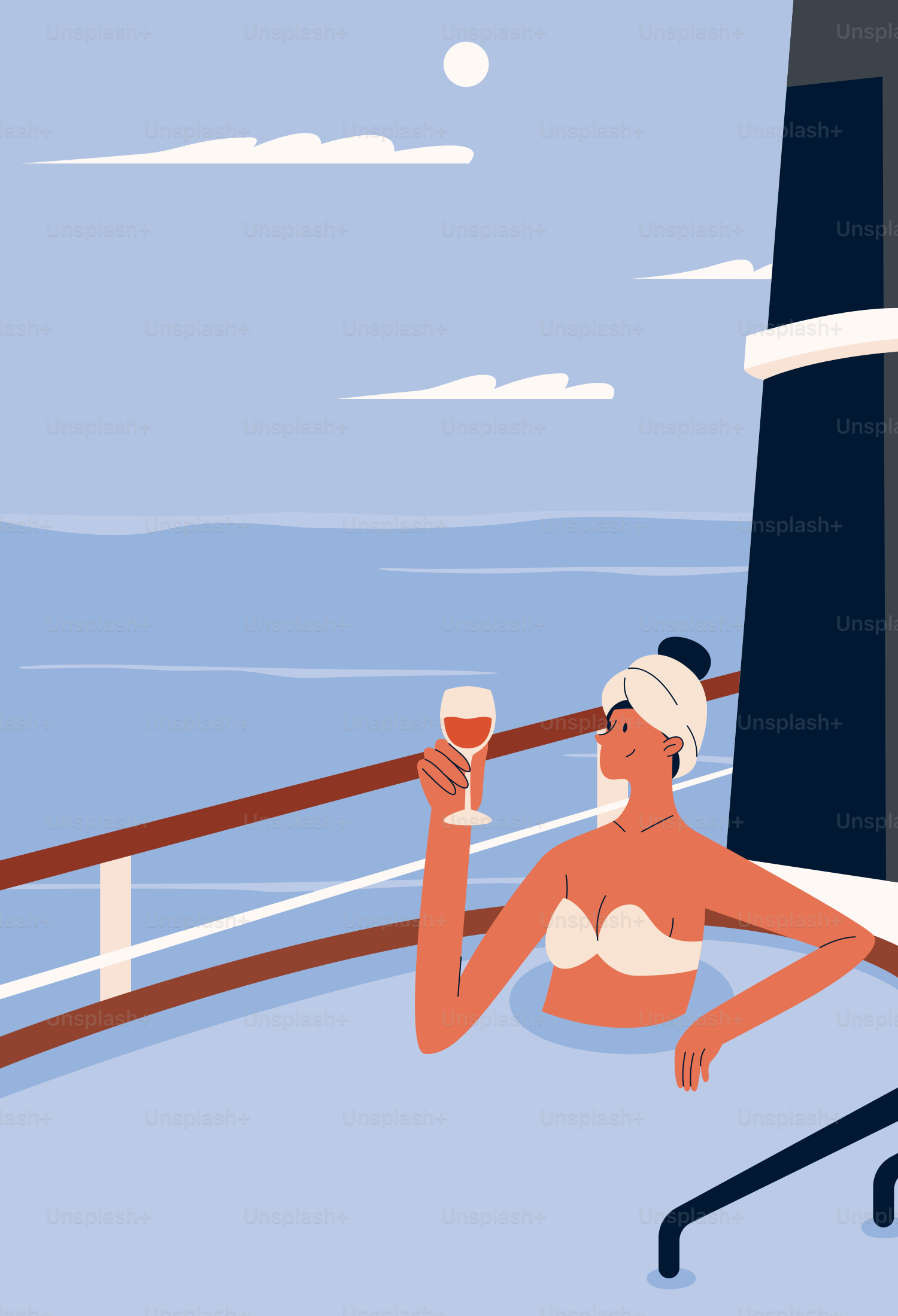 Mulher desfruta de vinho em uma banheira de hidromassagem com vista para o mar.