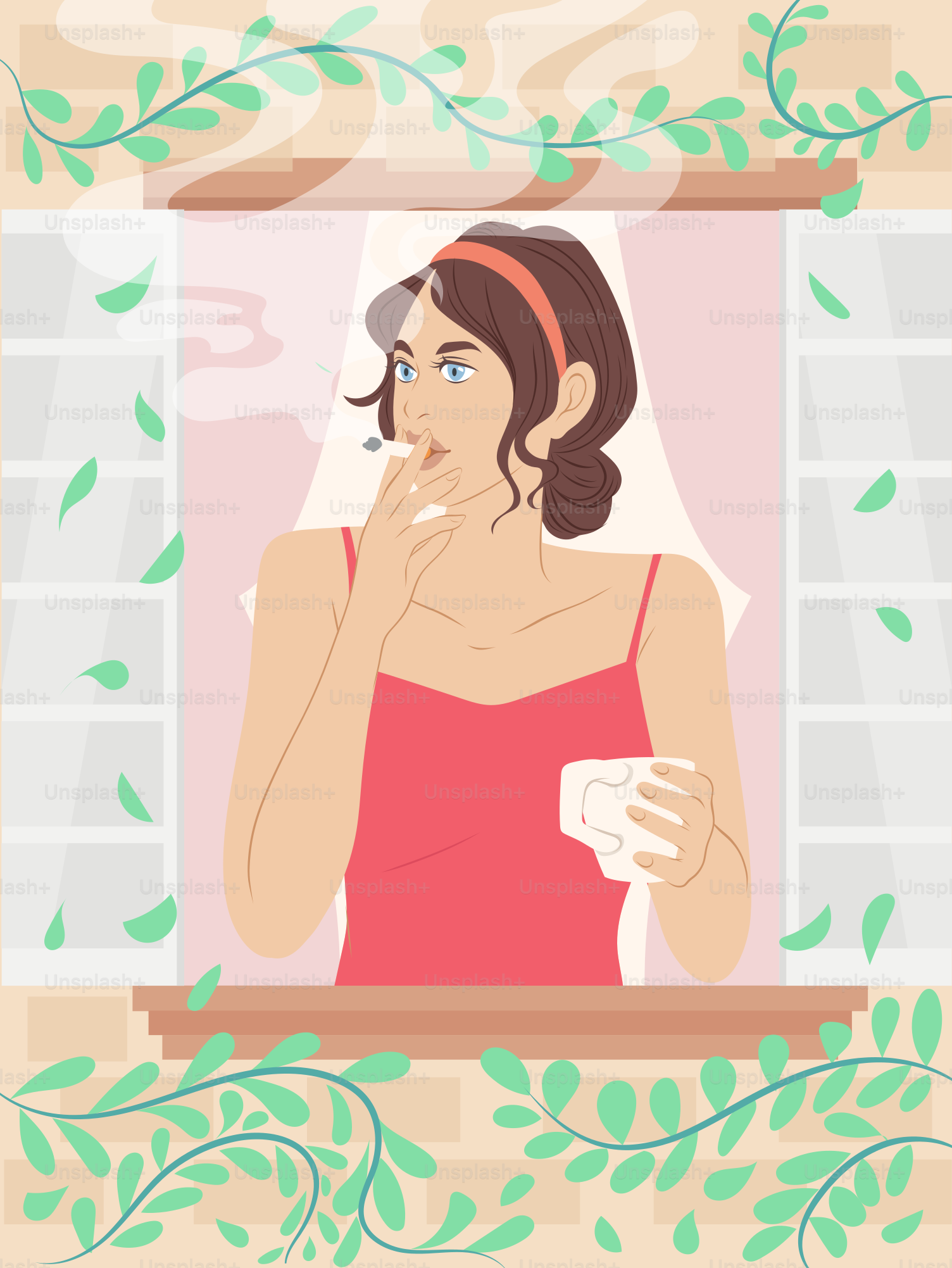 A woman smokes and drinks by an open window.