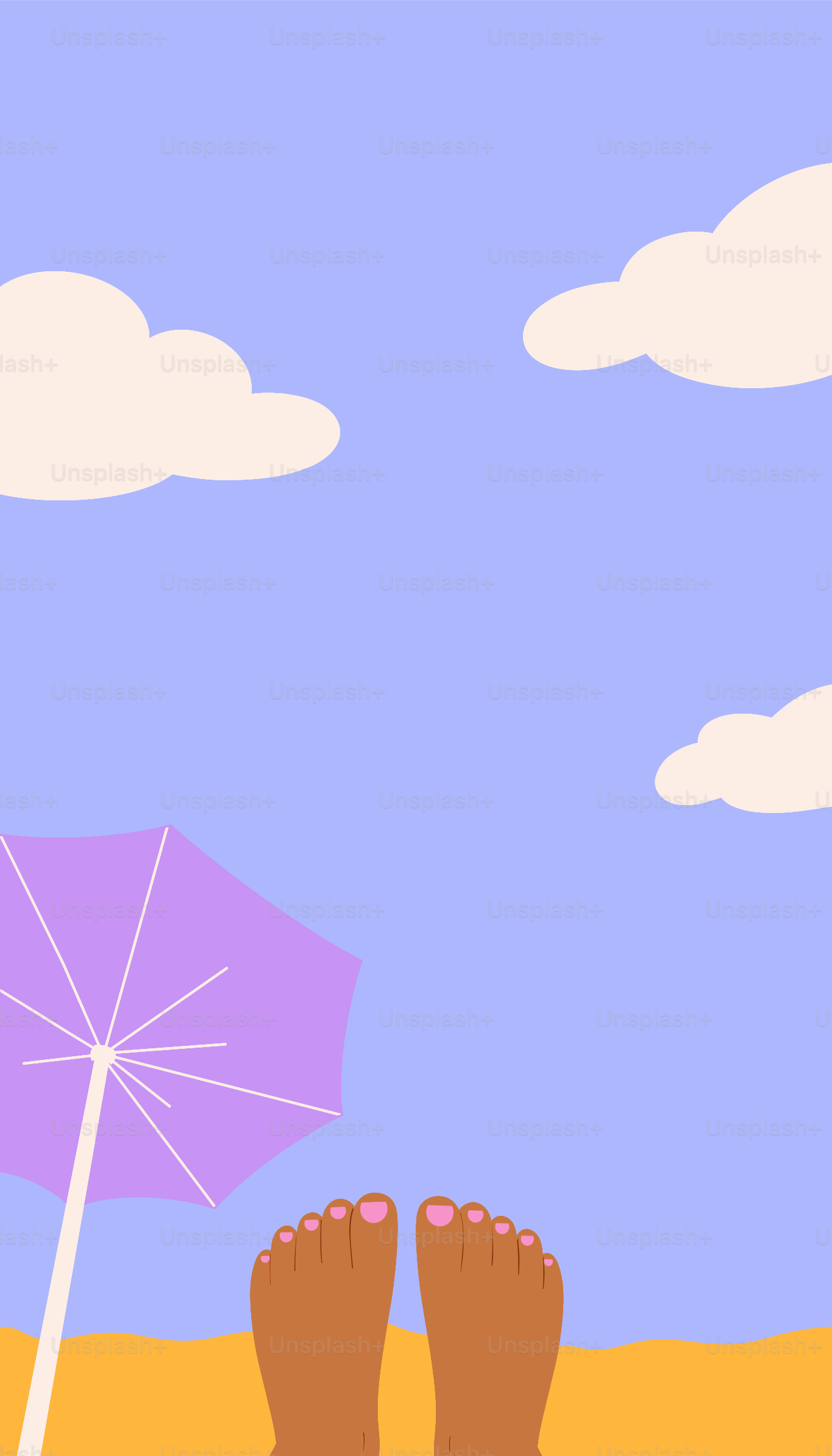 Feet on the beach under a purple umbrella.