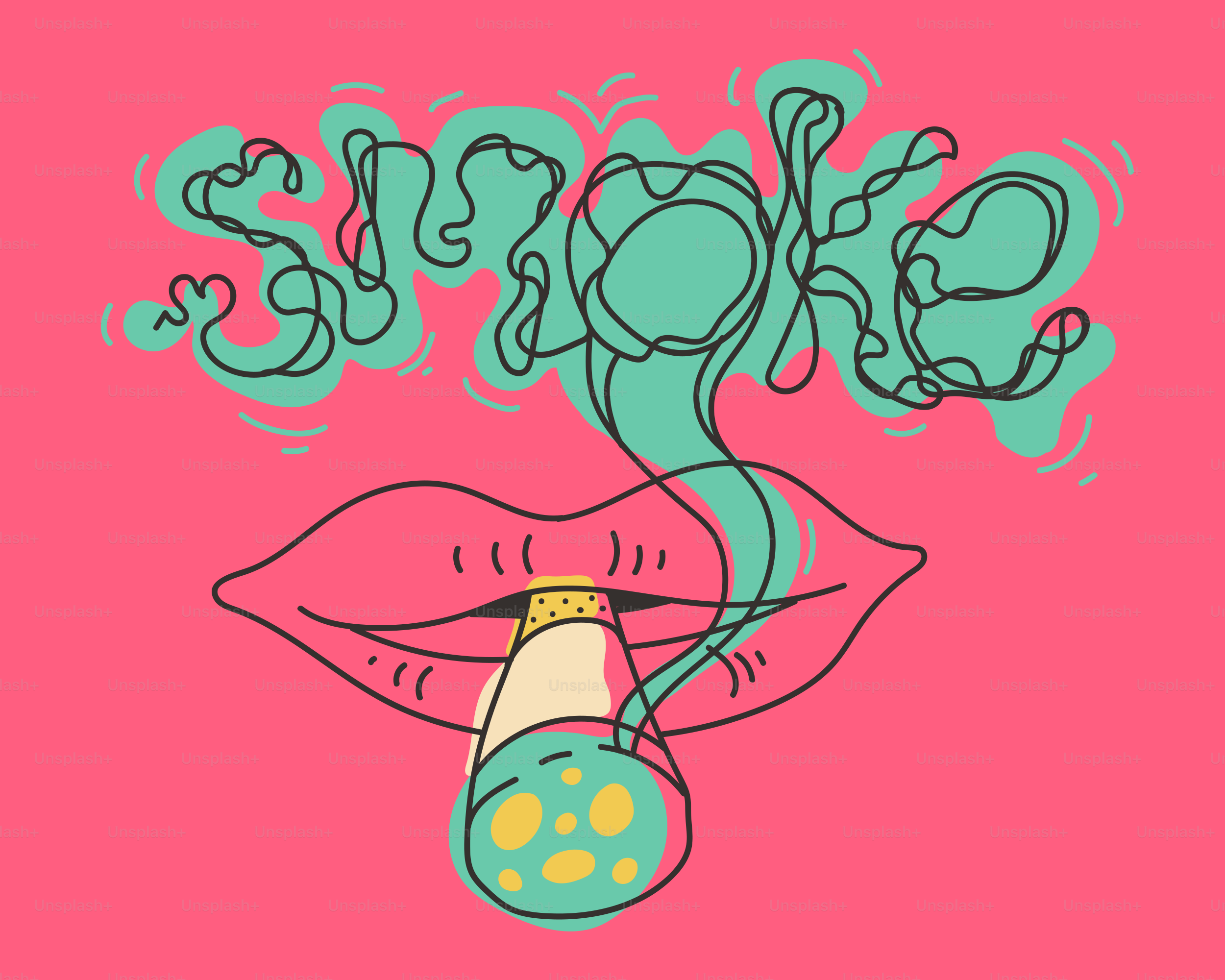 Lips are smoking a cigarette and the word "smoke".