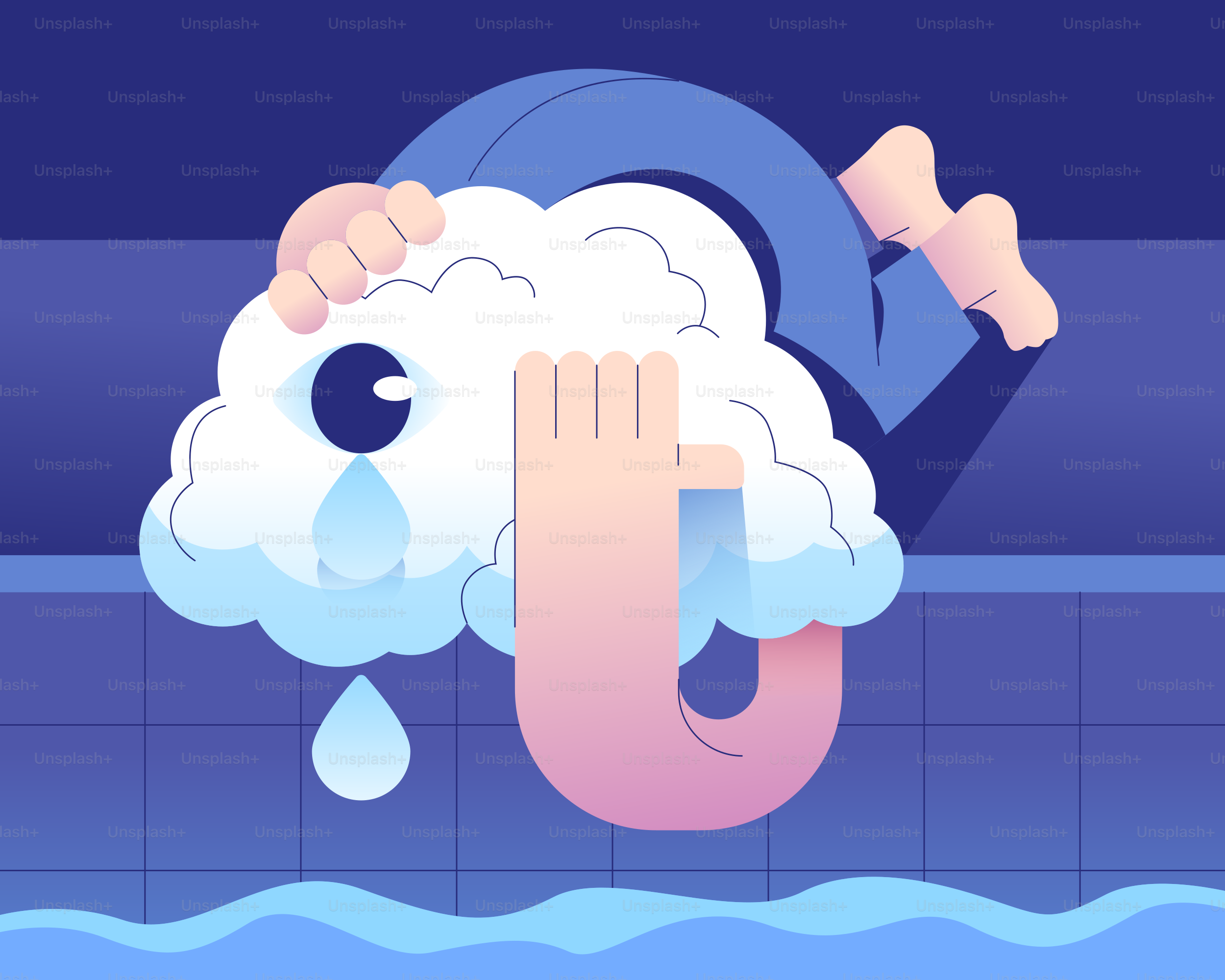 A crying cloud is hiding under a blue surface.