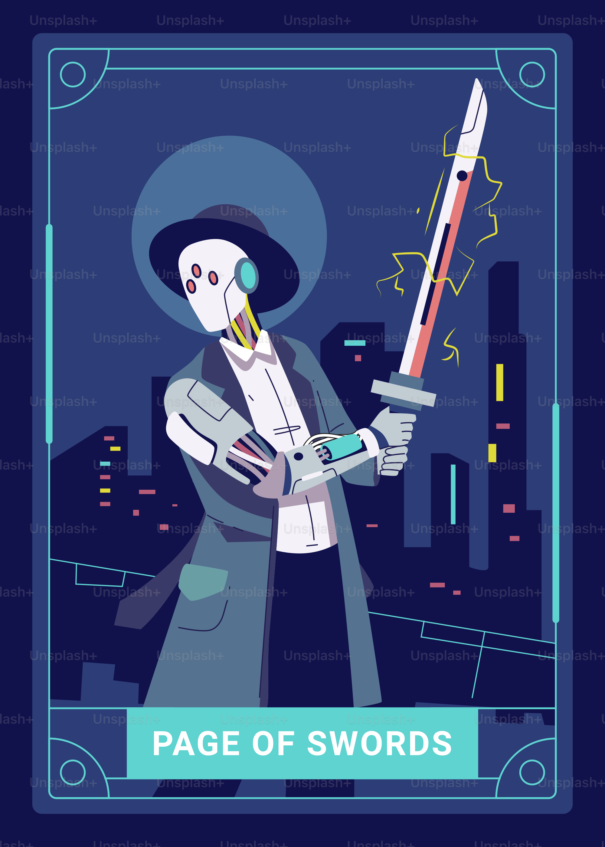 A robotic figure holding a sword.