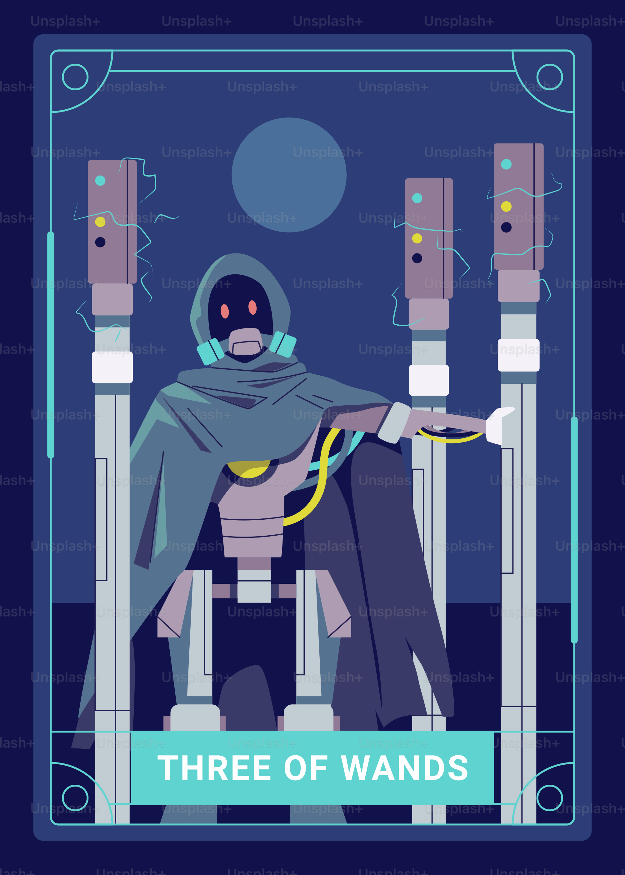 A robotic figure represents the three of wands.