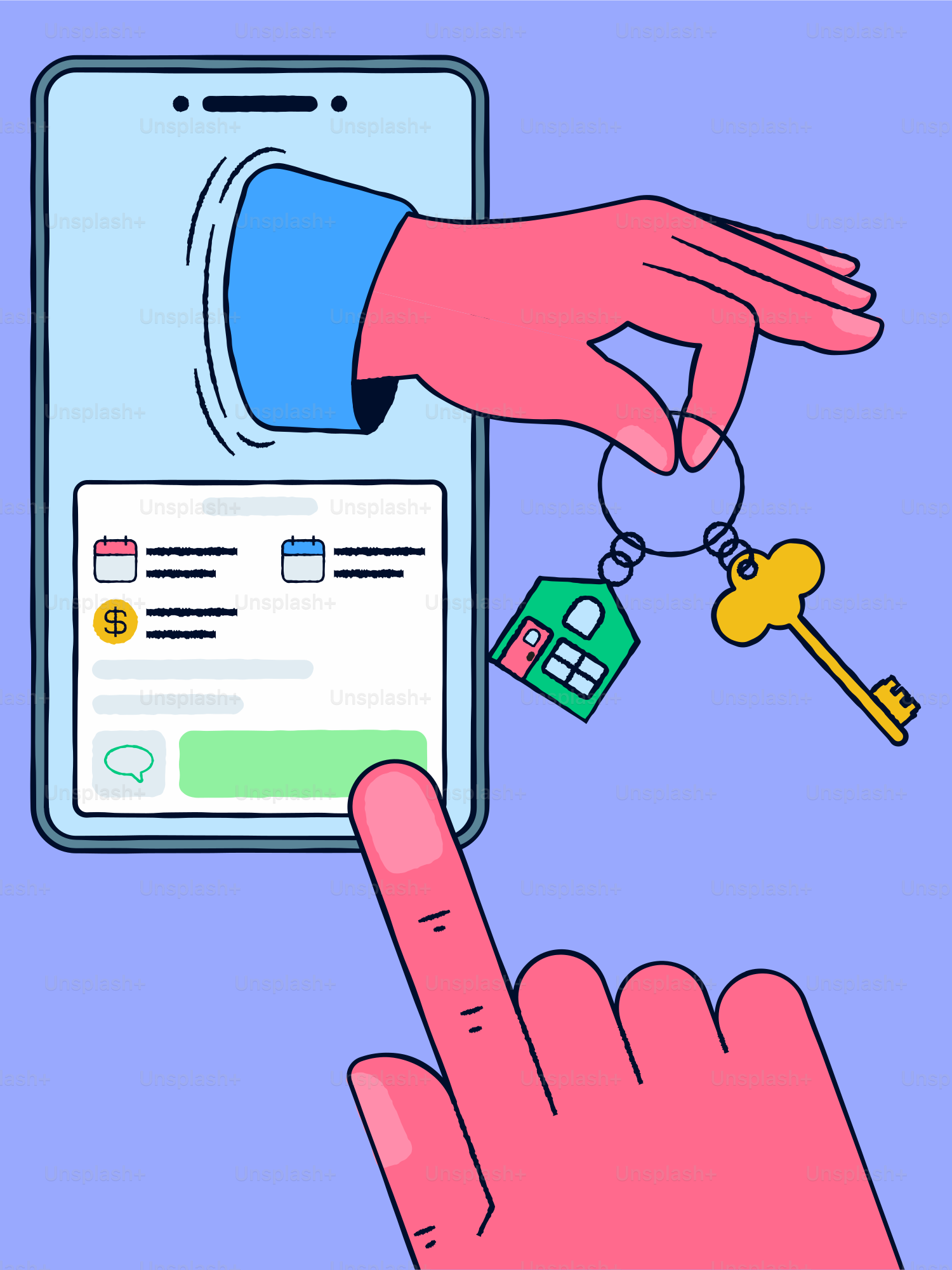 A hand gives keys through a mobile phone.