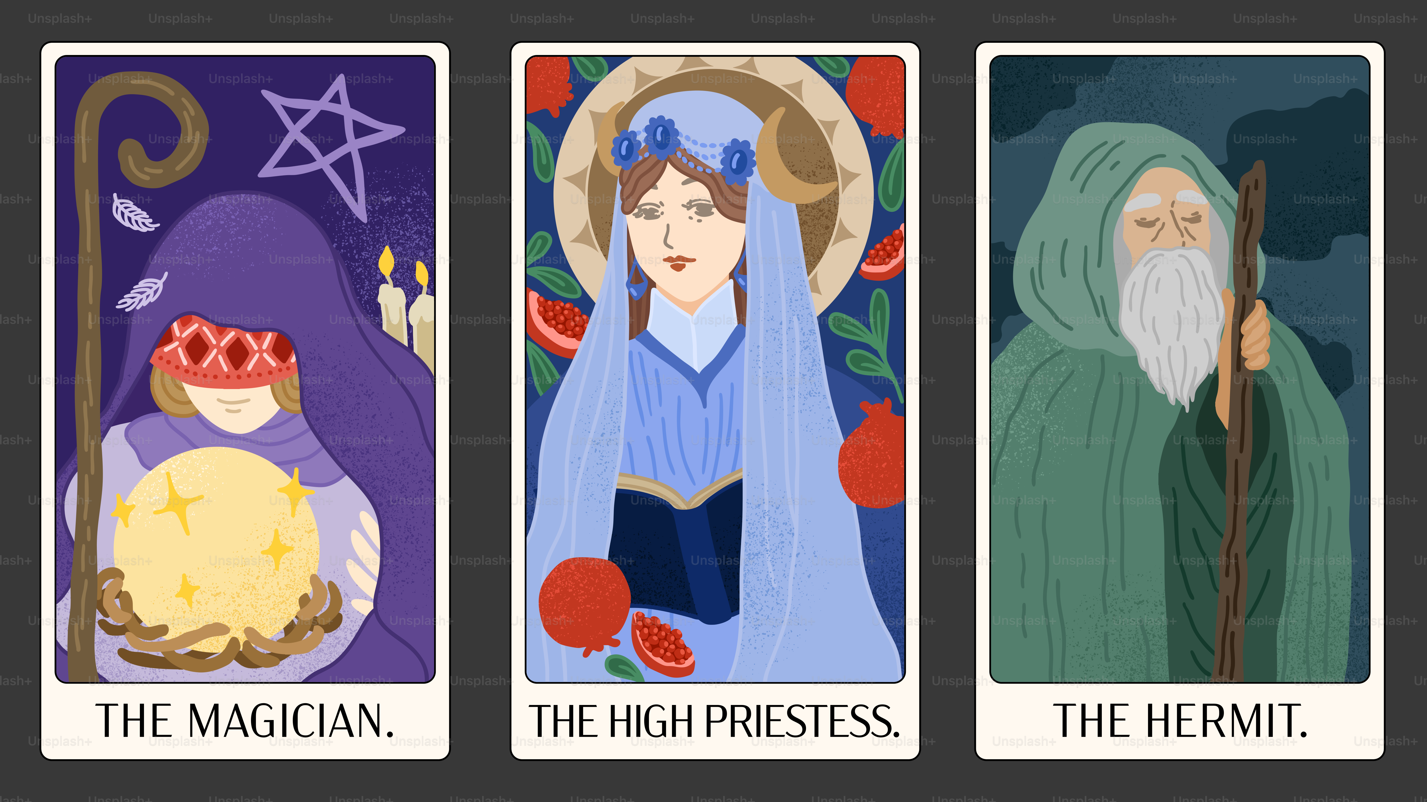 Tarot card illustrations depict the magician, priestess, and hermit.
