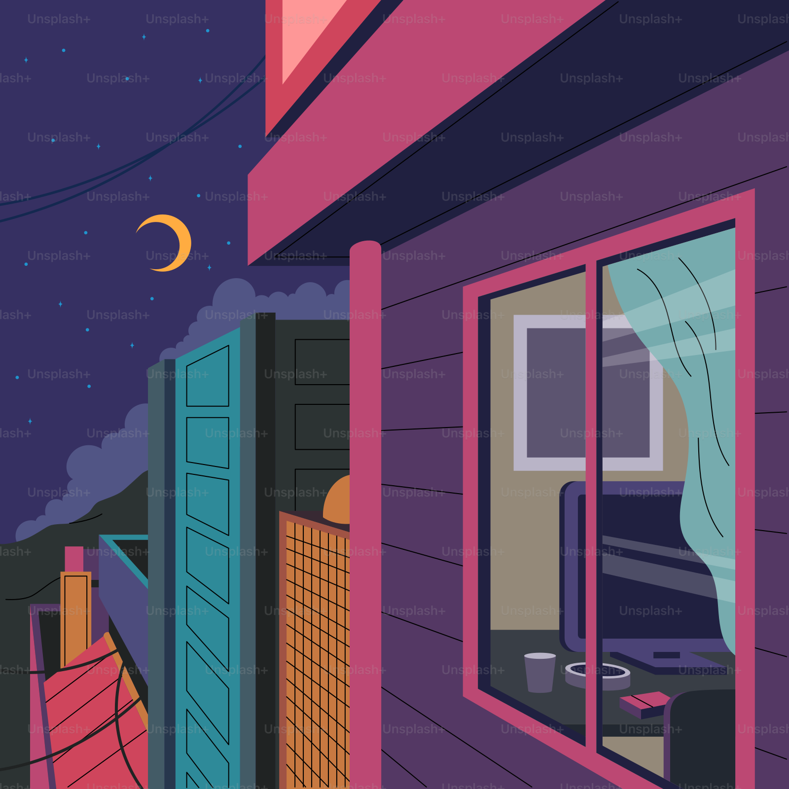 Una scena notturna con l'esterno di un edificio.