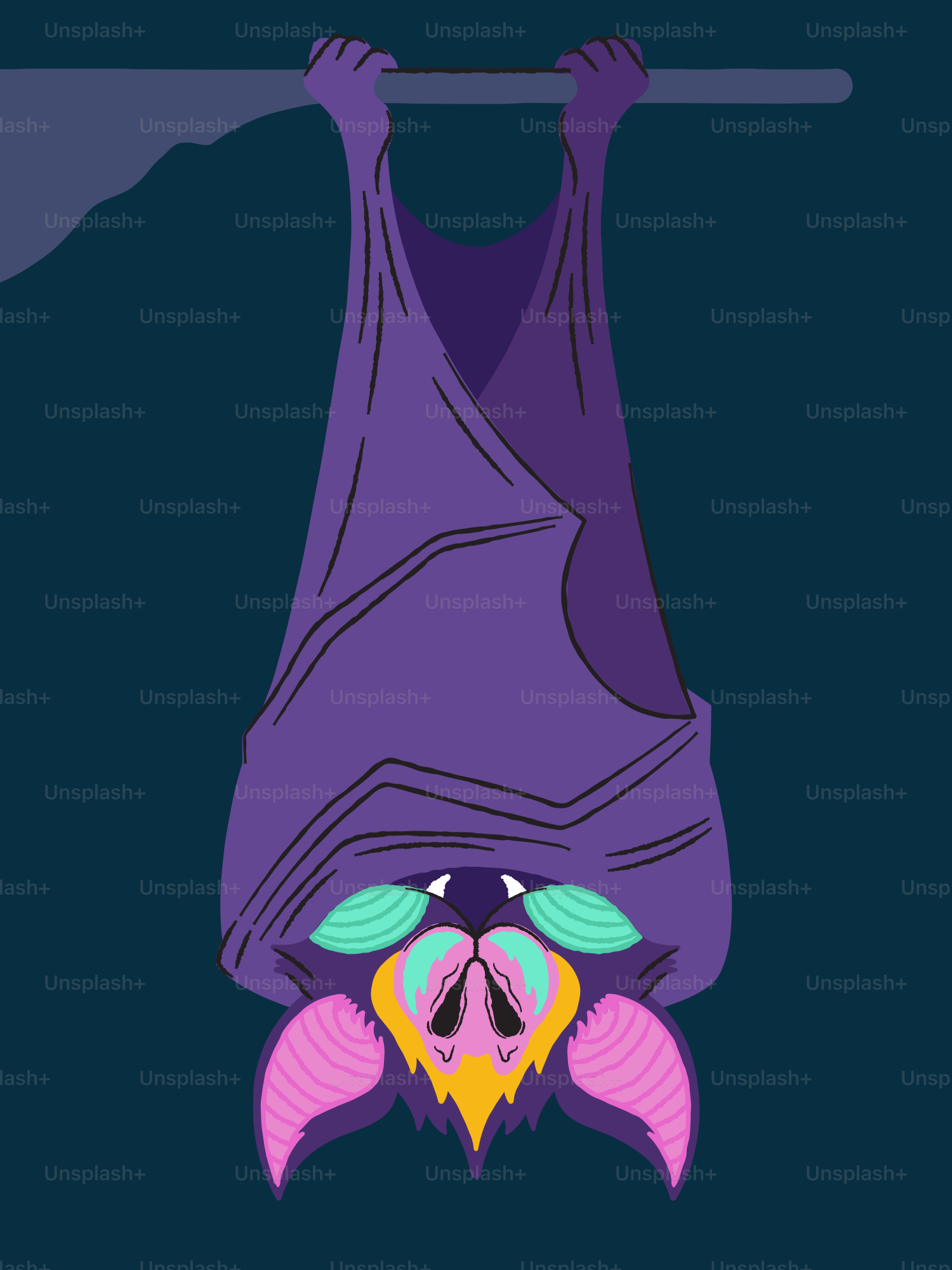 Une chauve-souris violette est suspendue à l’envers.