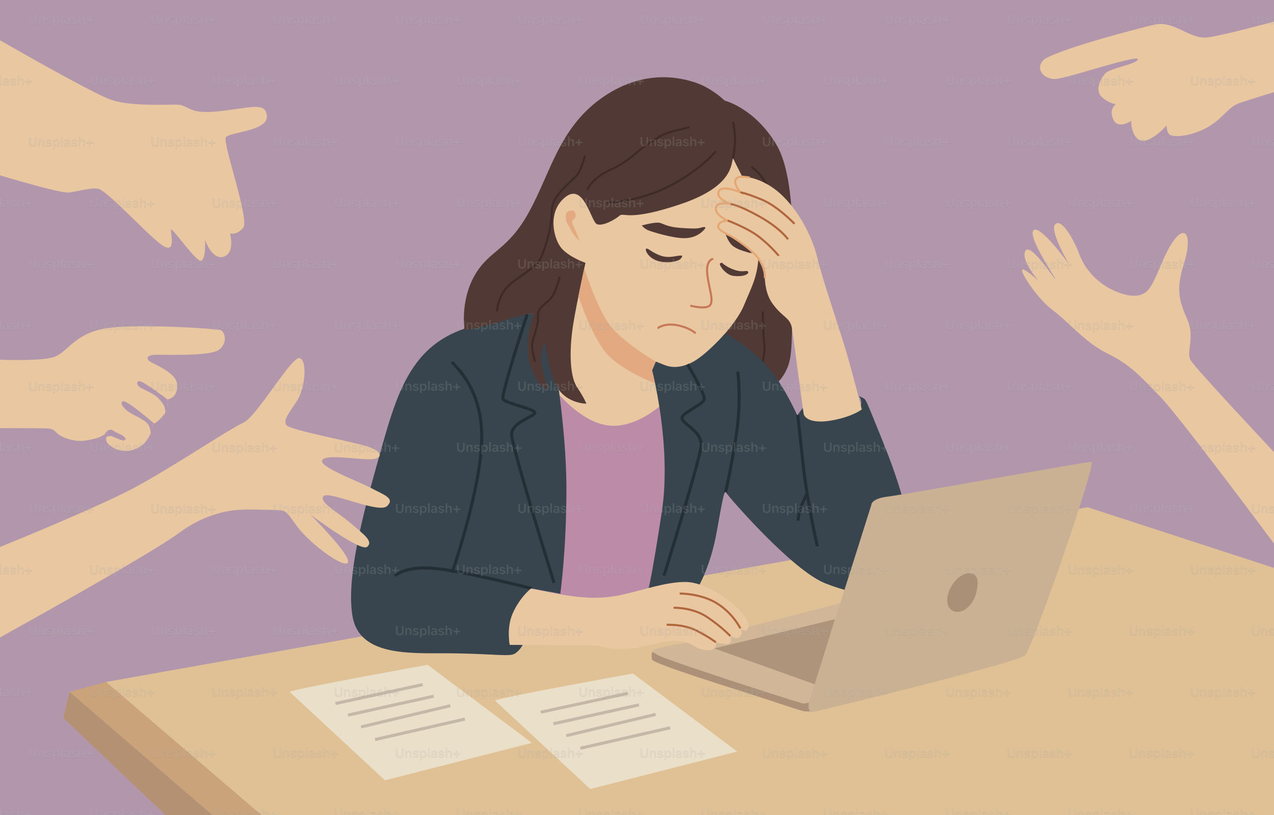 Seorang wanita stres dikelilingi oleh tangan yang menunjuk.