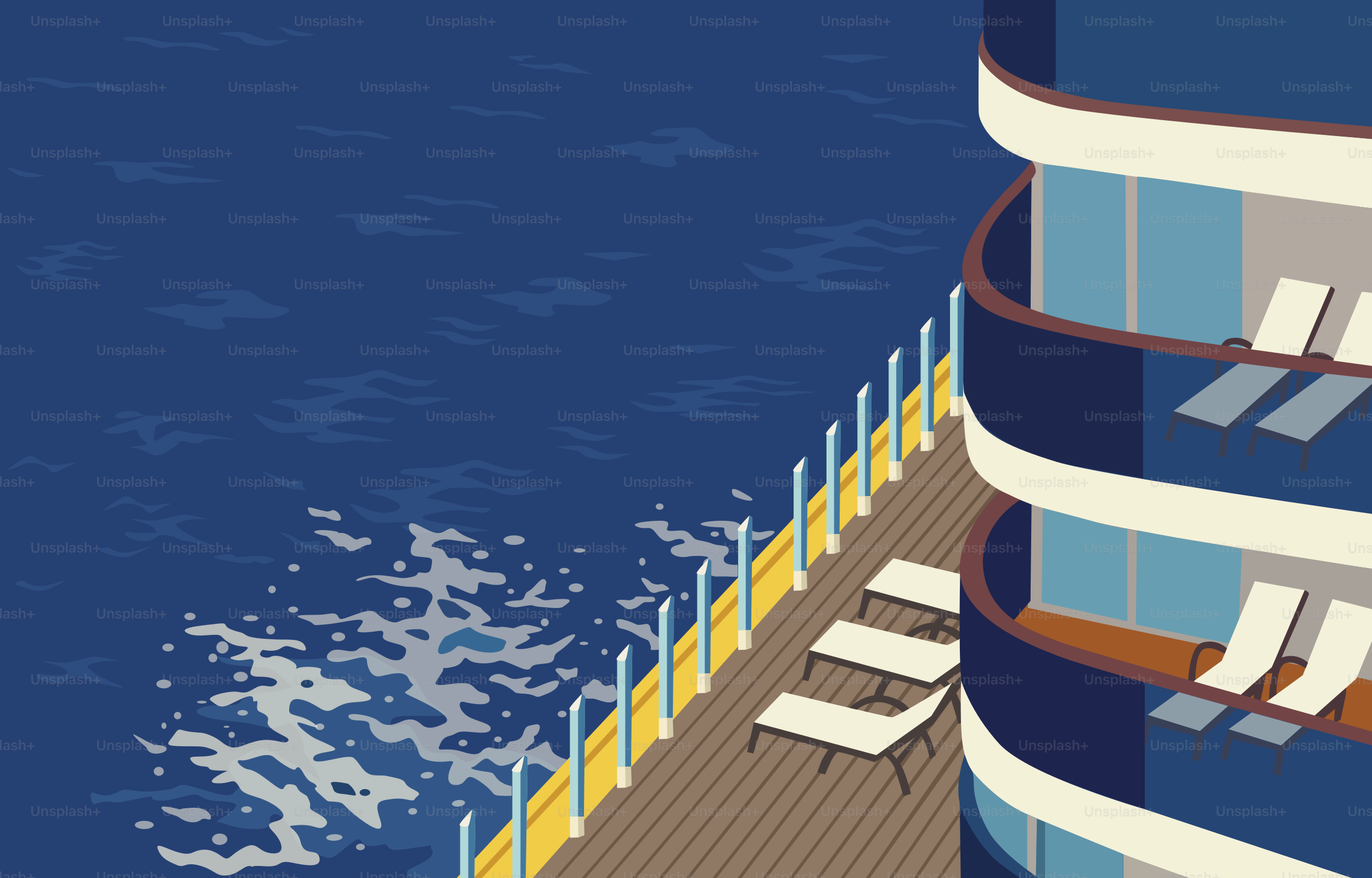 A cruise ship's deck overlooks the sparkling ocean.