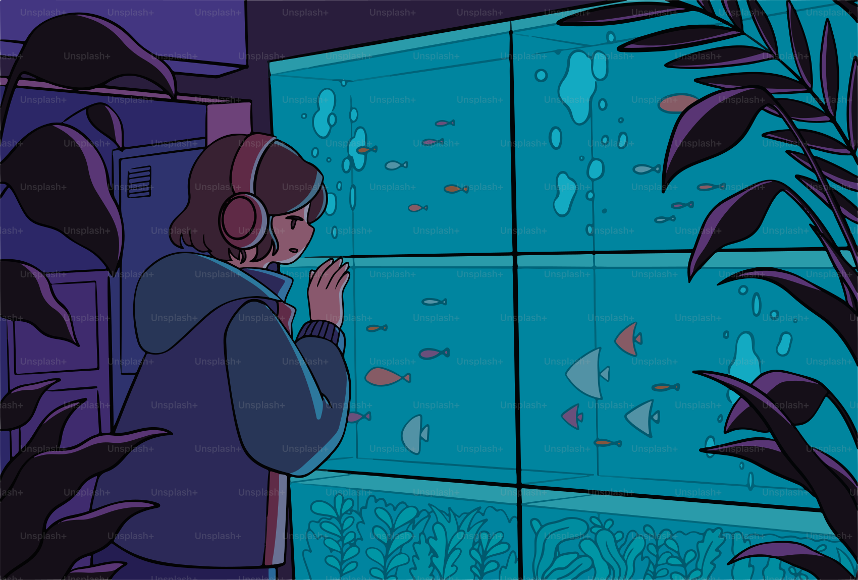 A person is looking at fish in an aquarium.