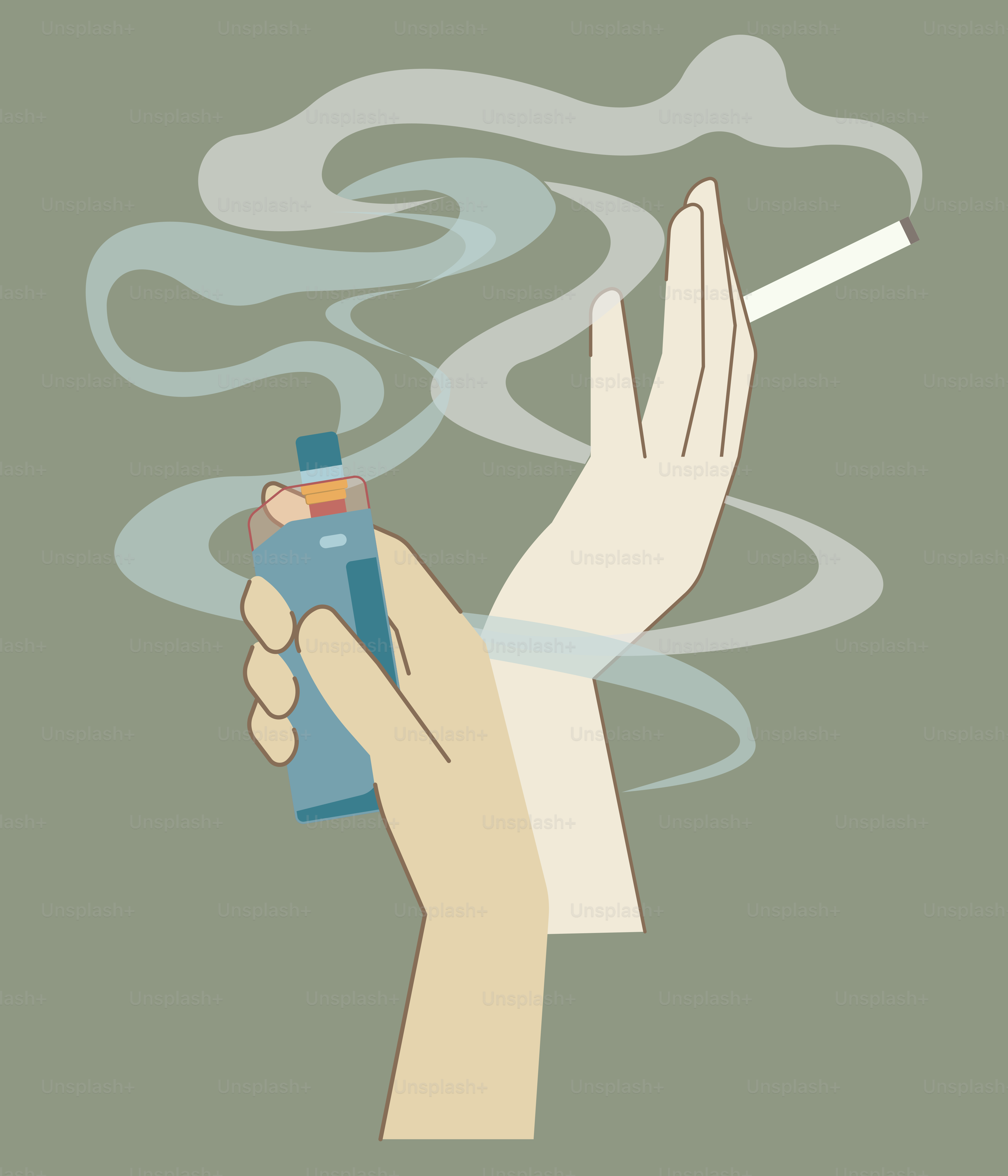 Hands holding a vape and a cigarette with smoke.