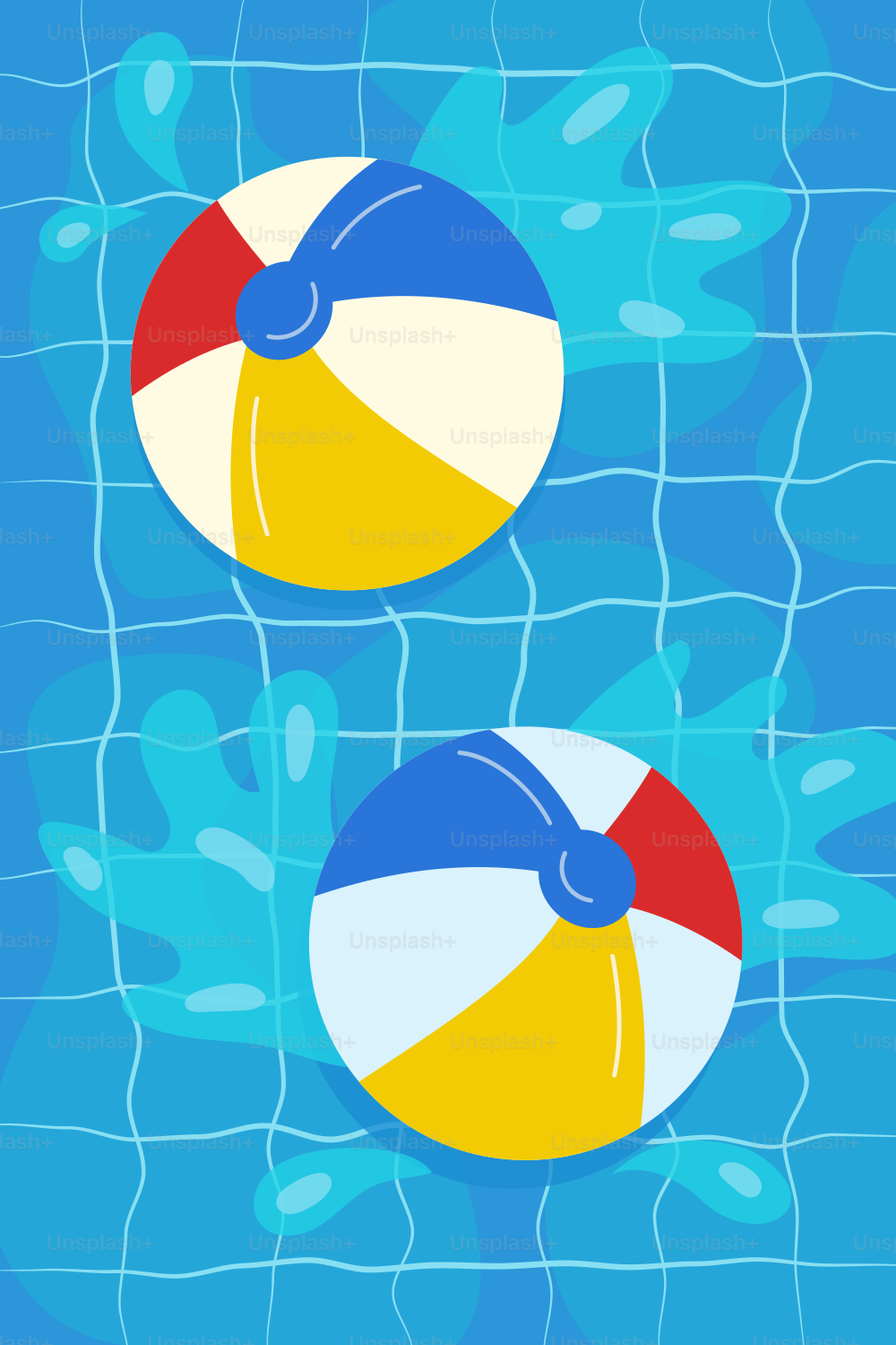 Two beach balls float in a cool, blue pool.